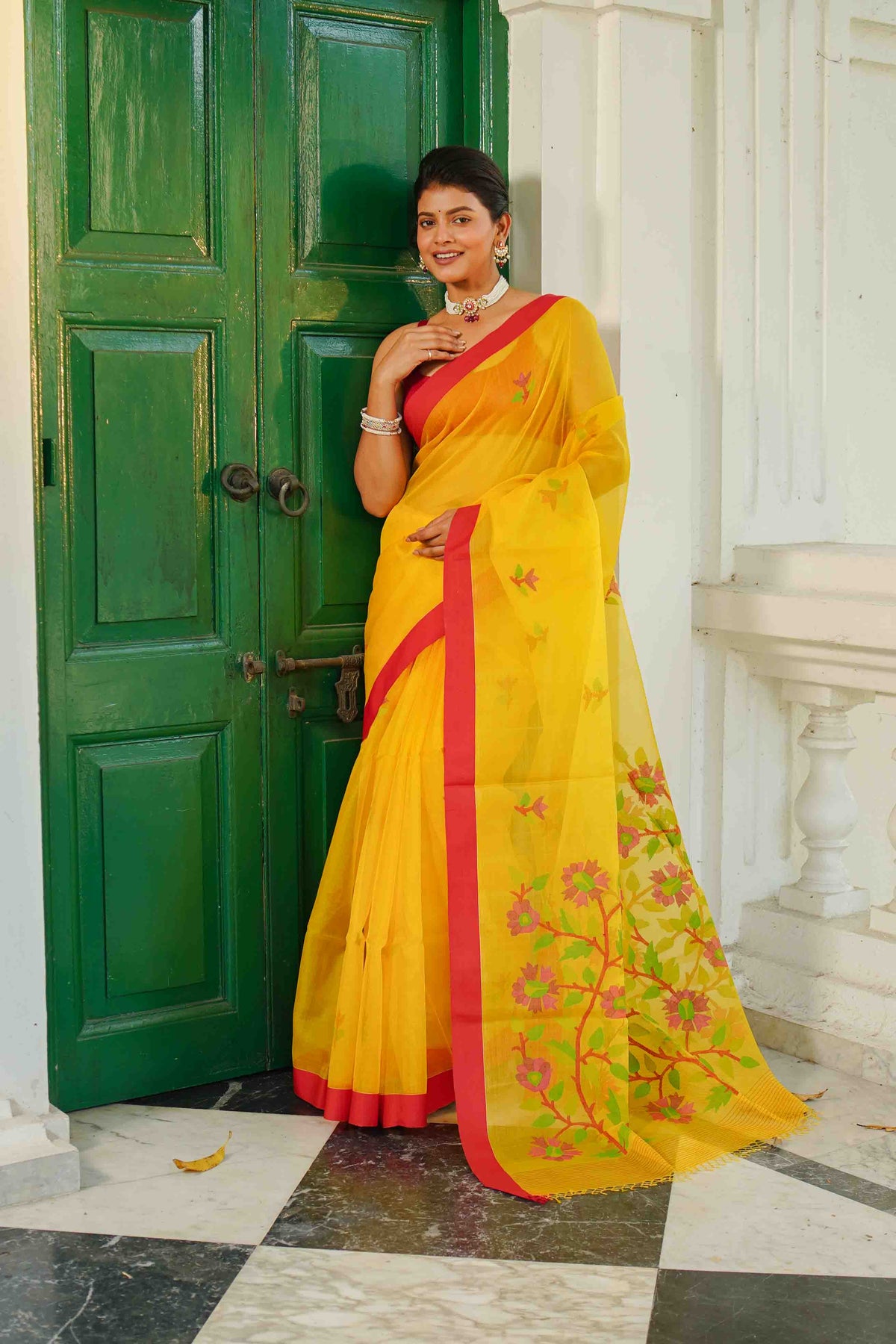 Yellow Muslin Jamdani Saree With Blouse Piece