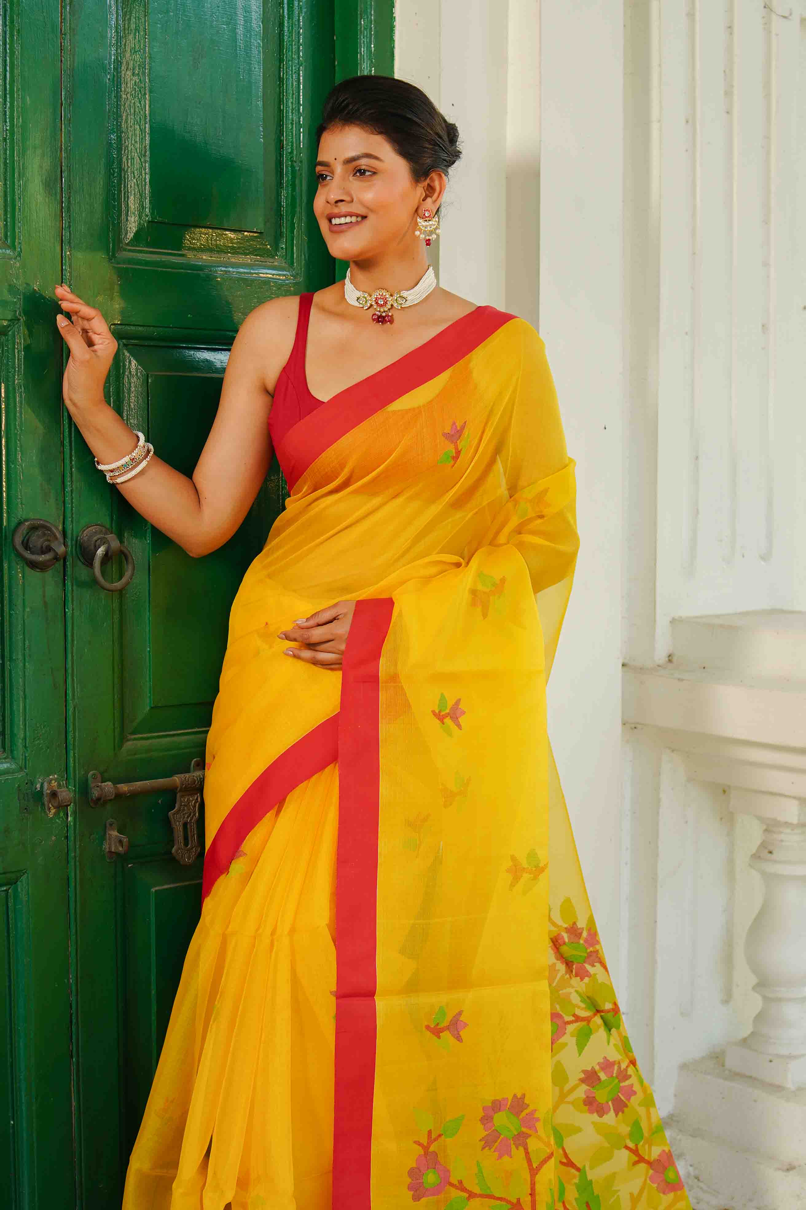 Yellow Muslin Jamdani Saree WITH Blouse Piece