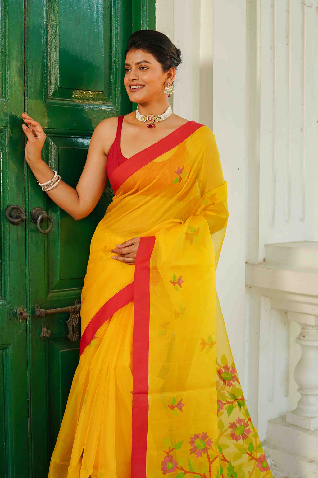 Yellow Muslin Jamdani Saree With Blouse Piece