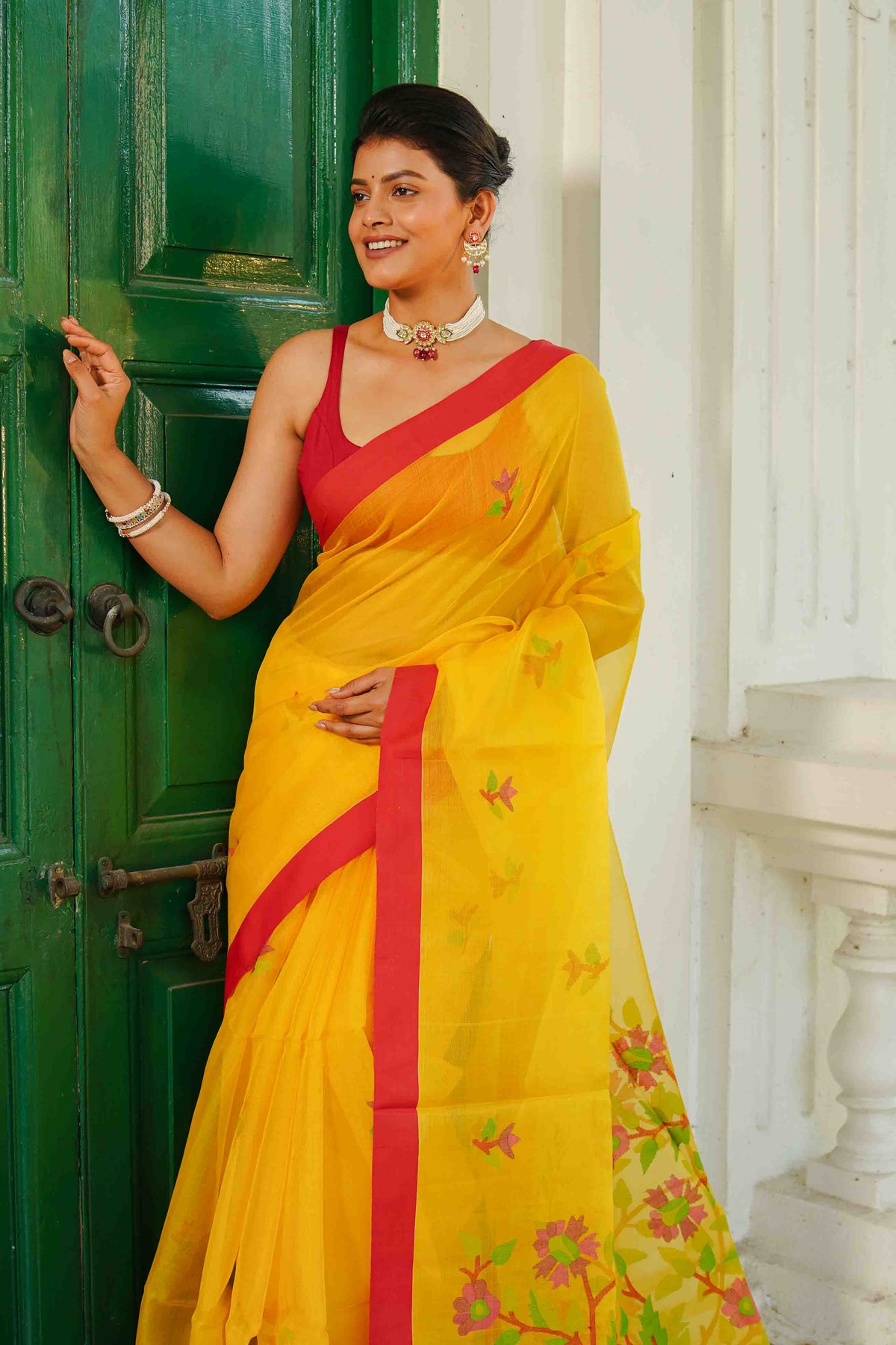 Yellow Muslin Jamdani Saree With Blouse Piece