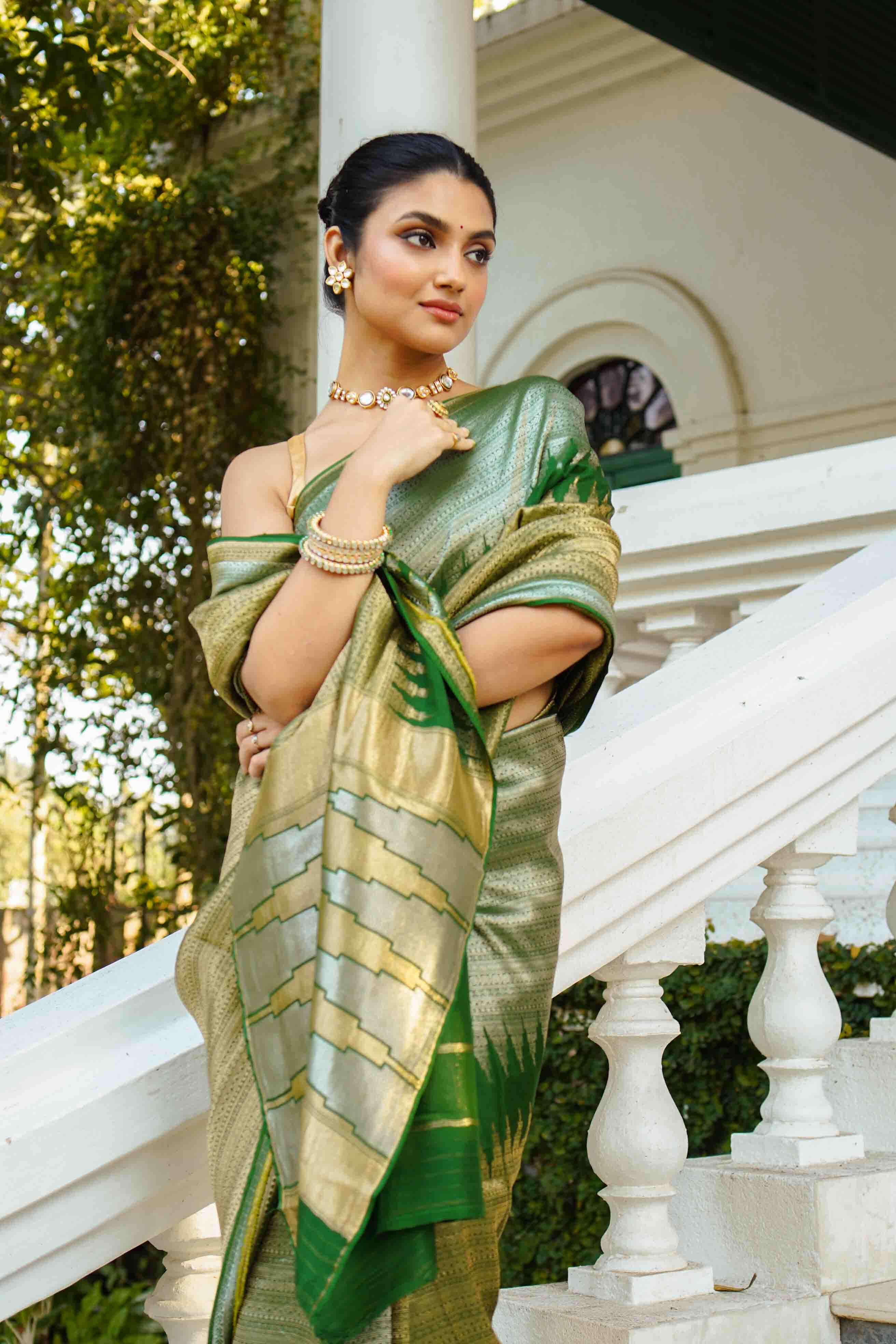 Green Blended Mashru Banarasi Saree With Blouse Piece