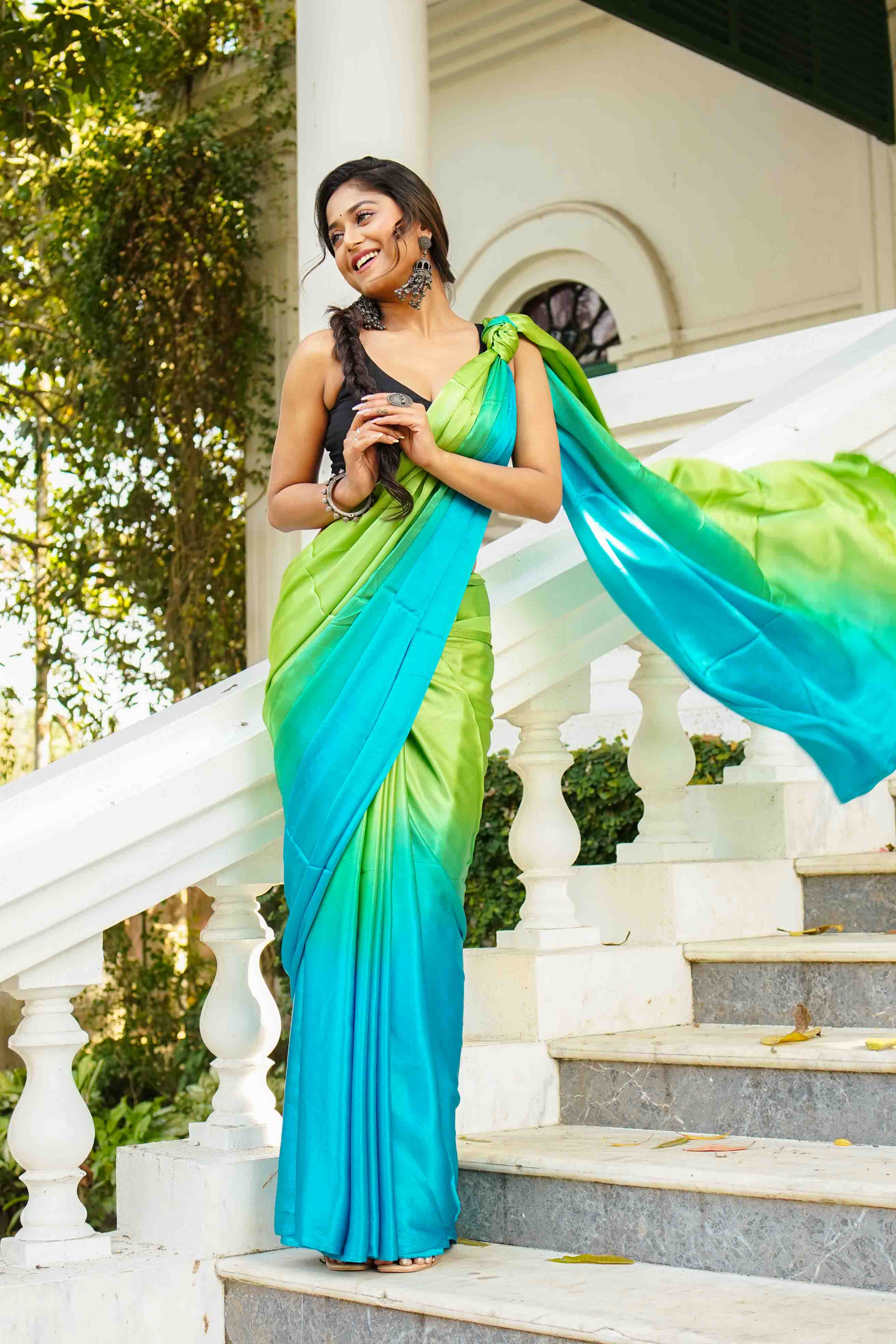 Green & Sky Shaded Satin Saree With Blouse Piece