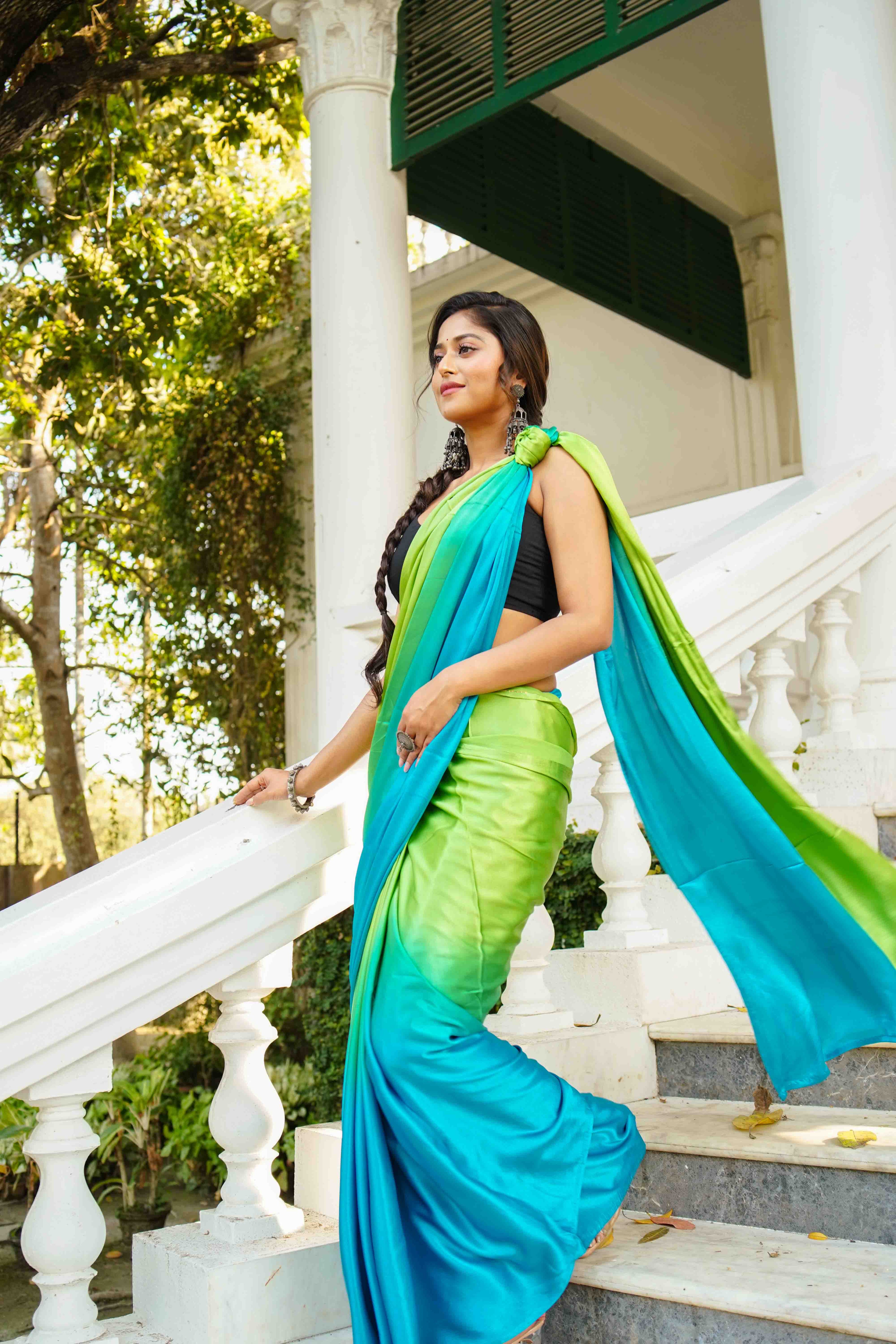 Green & Sky Shaded Satin Saree With Blouse Piece