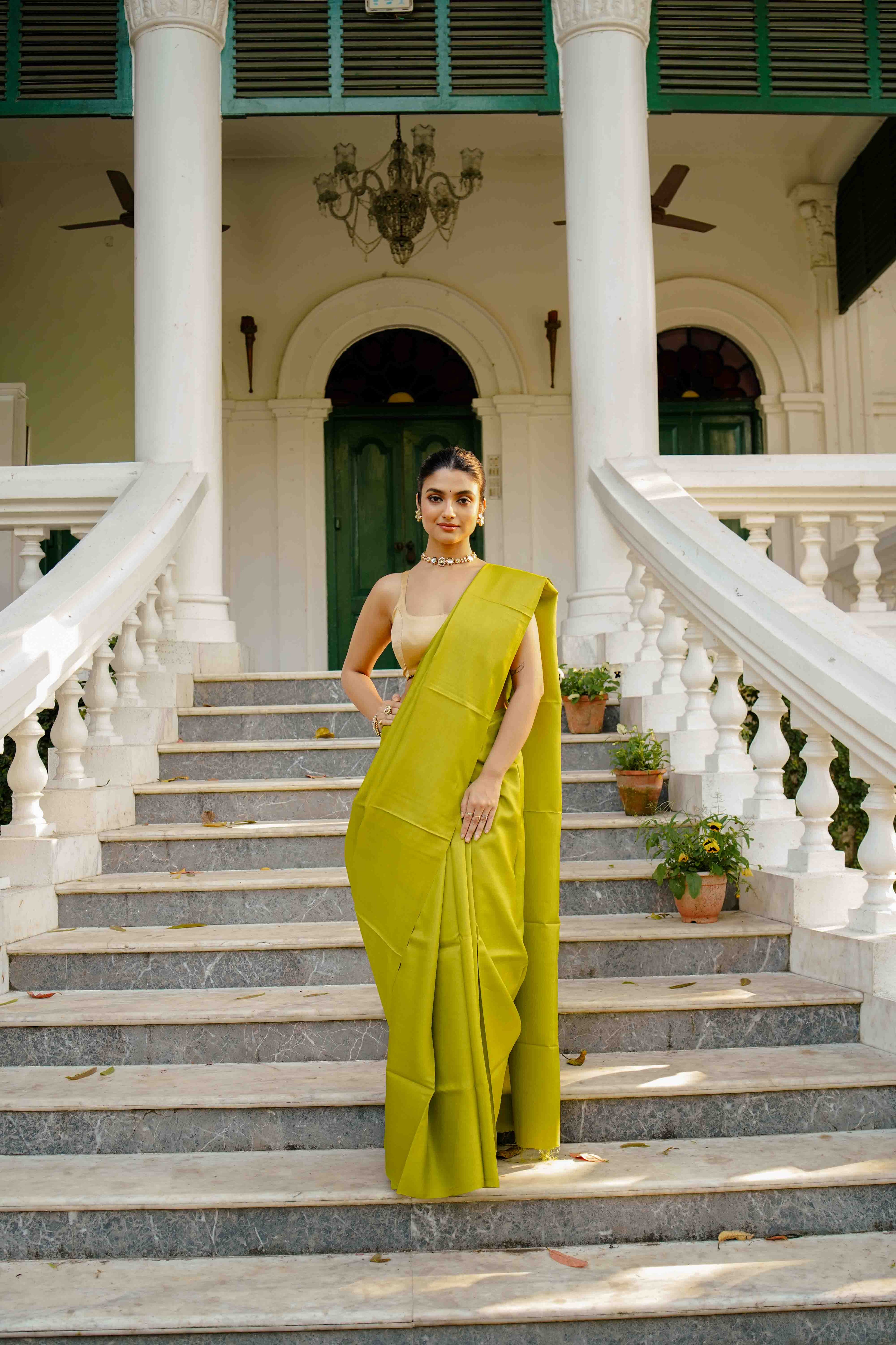 Lime Green Tussar Saree With Blouse Piece