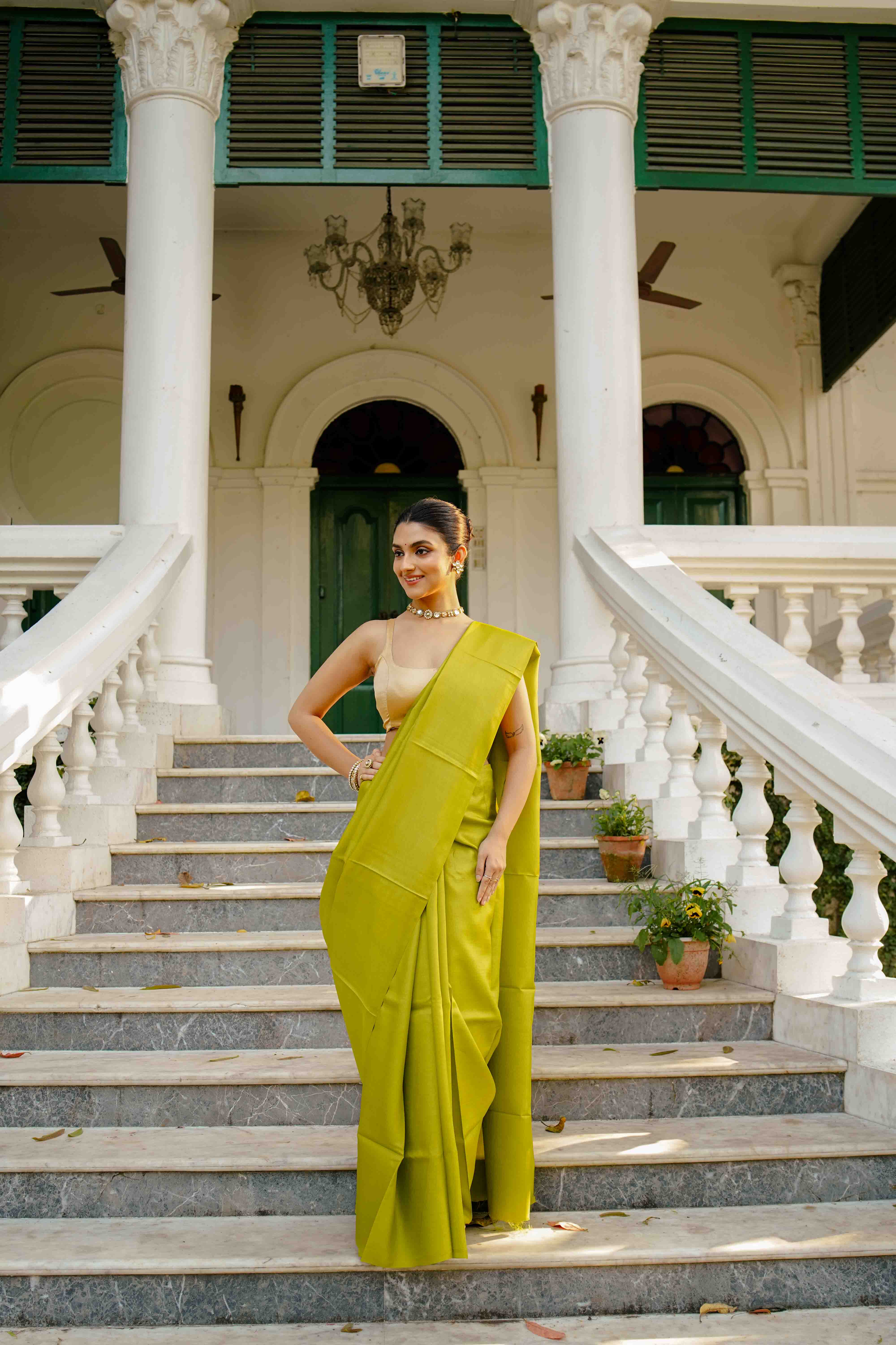 Lime Green Tussar Saree With Blouse Piece