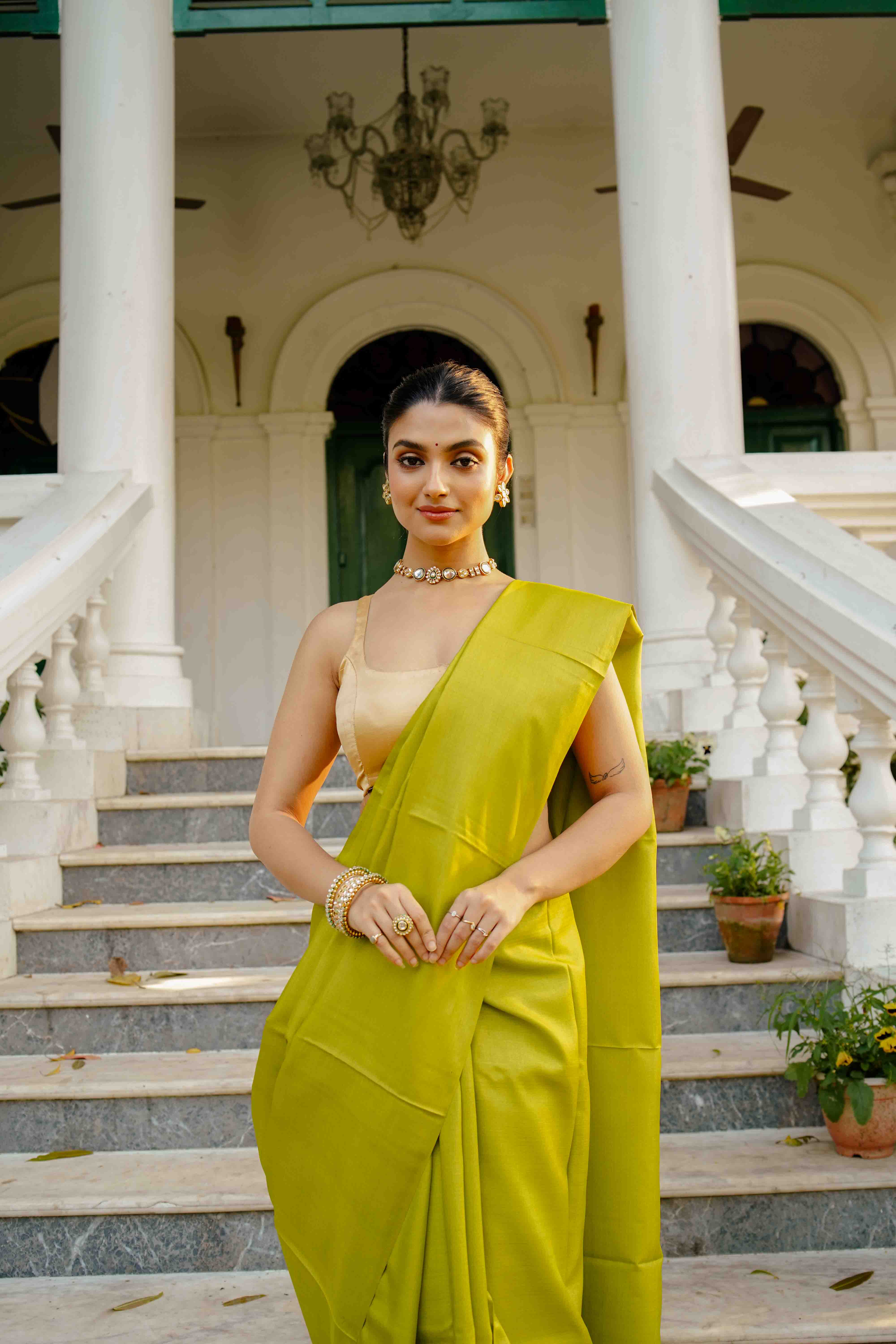 Lime Green Tussar Saree WITH Blouse Piece