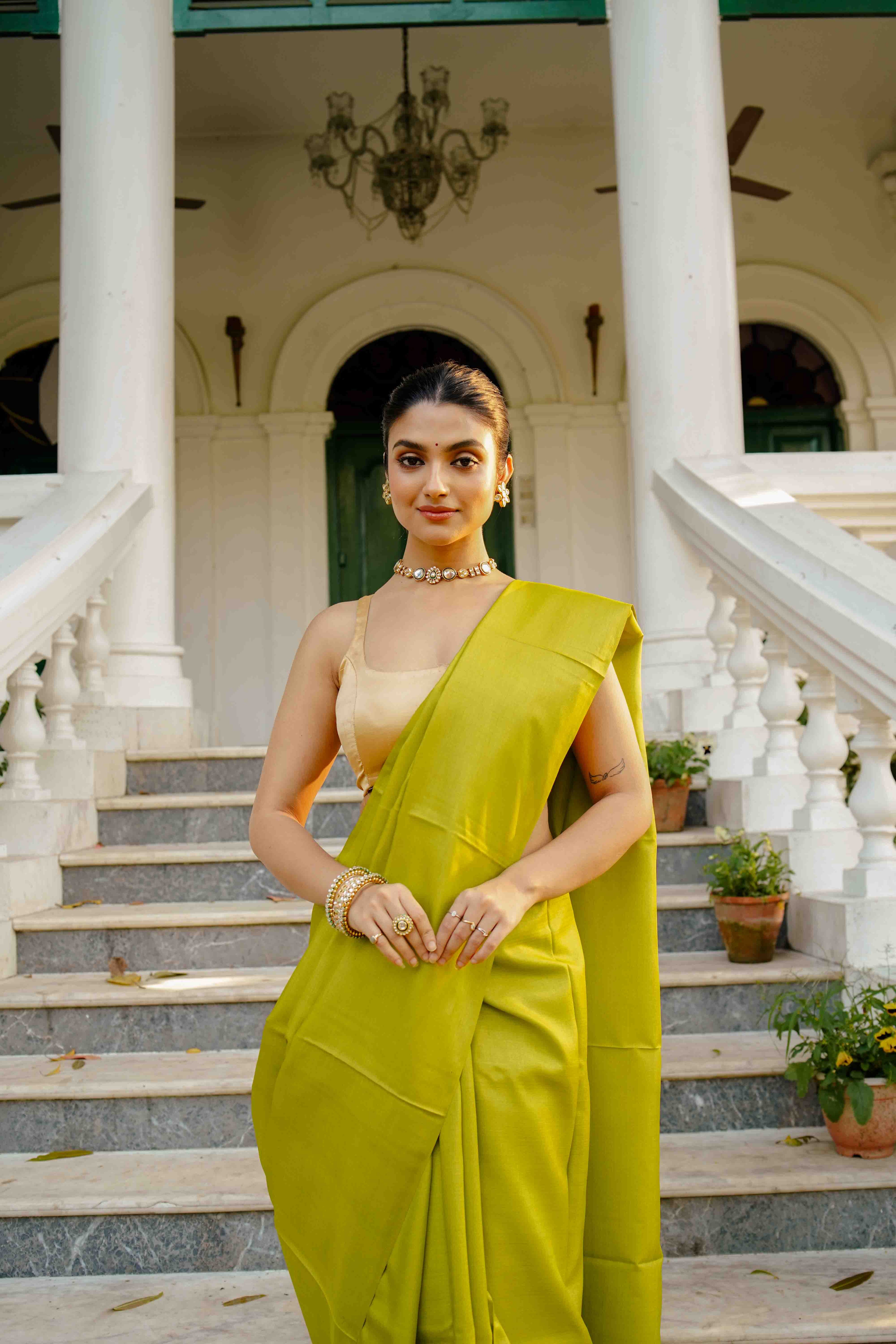 Lime Green Tussar Saree With Blouse Piece