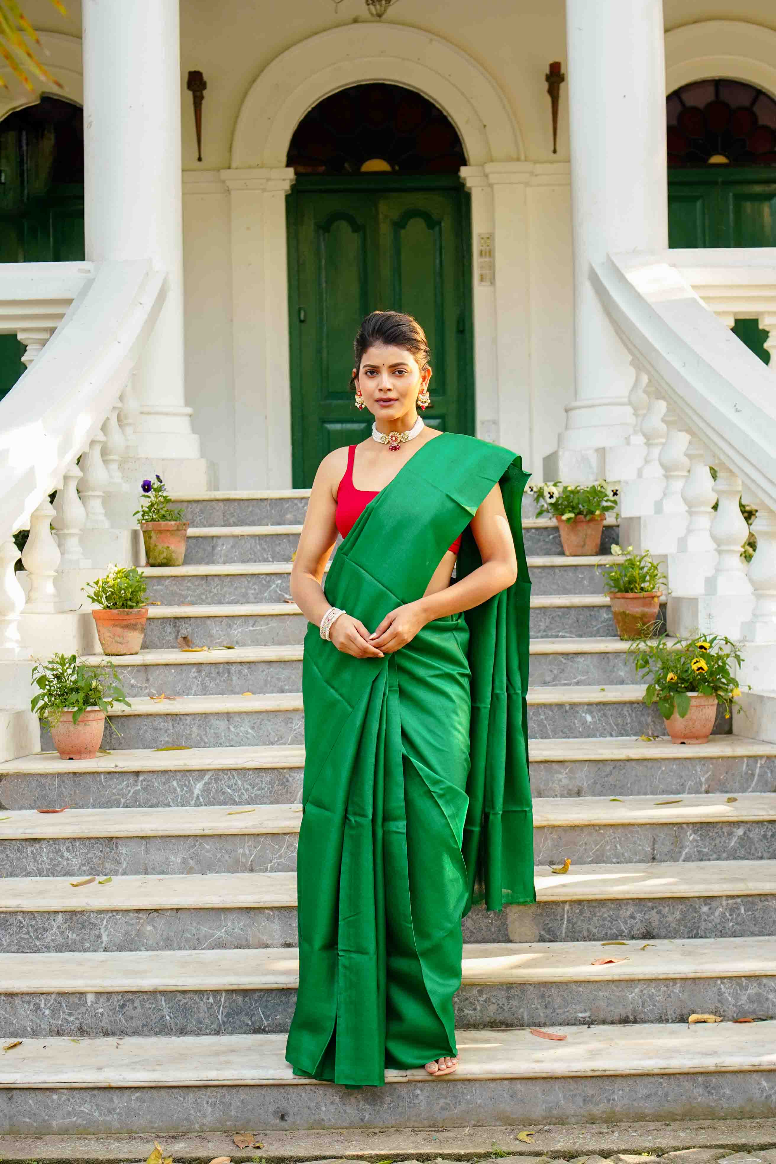 Bottle Green Tussar Saree With Blouse Piece