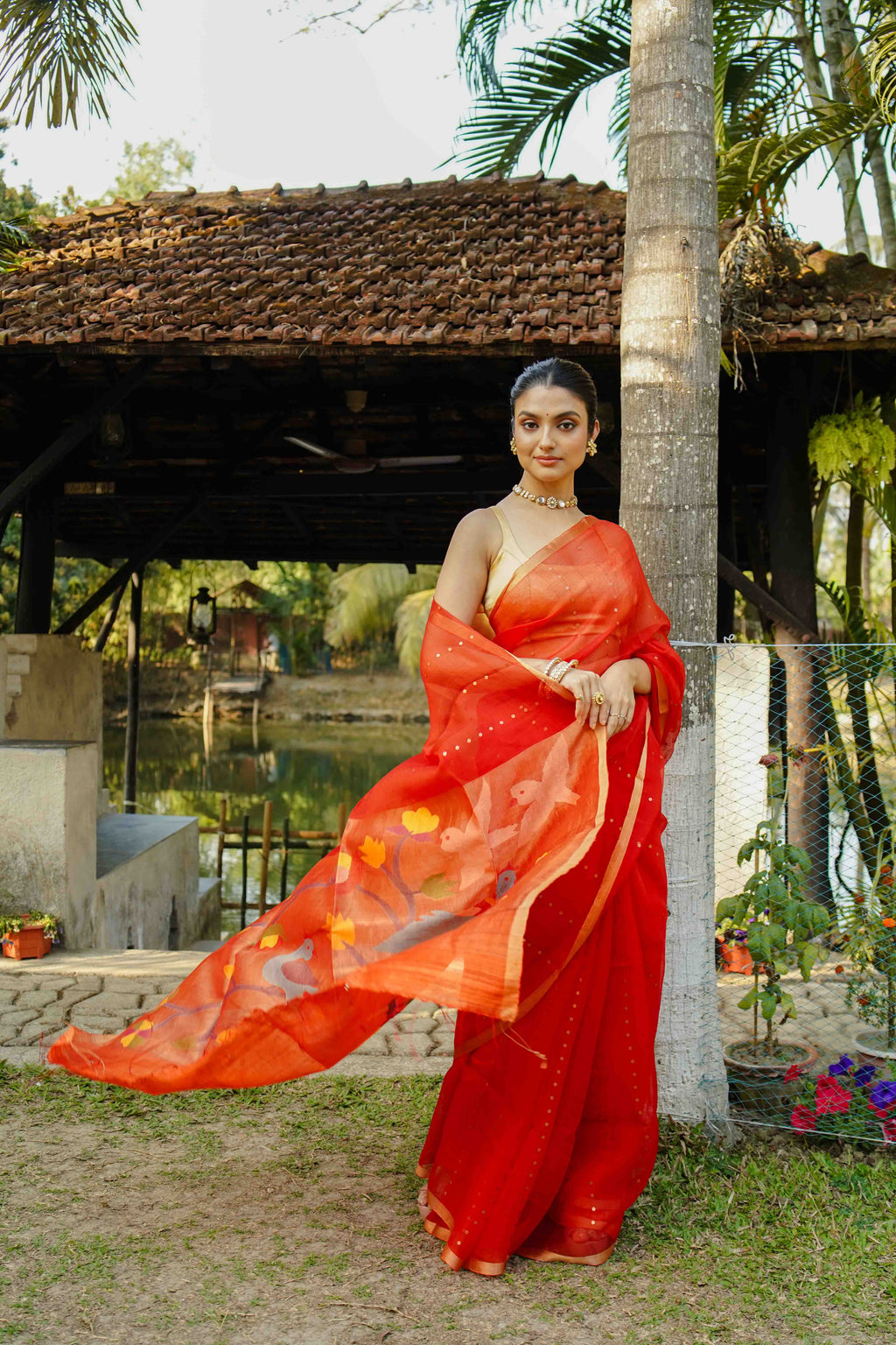 Rust Orange Muslin Saree With Blouse Piece