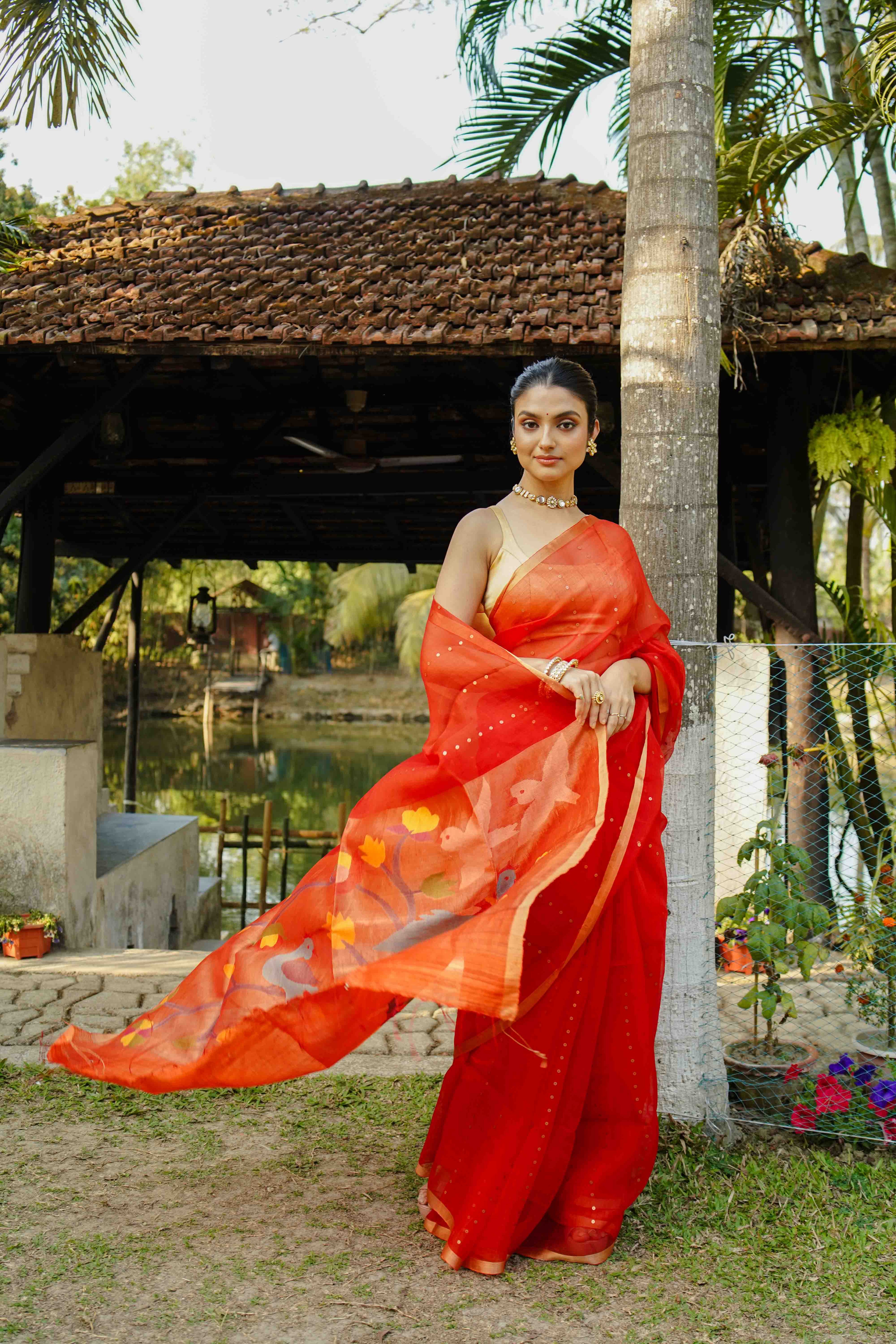 Rust Orange Muslin Saree With Blouse Piece