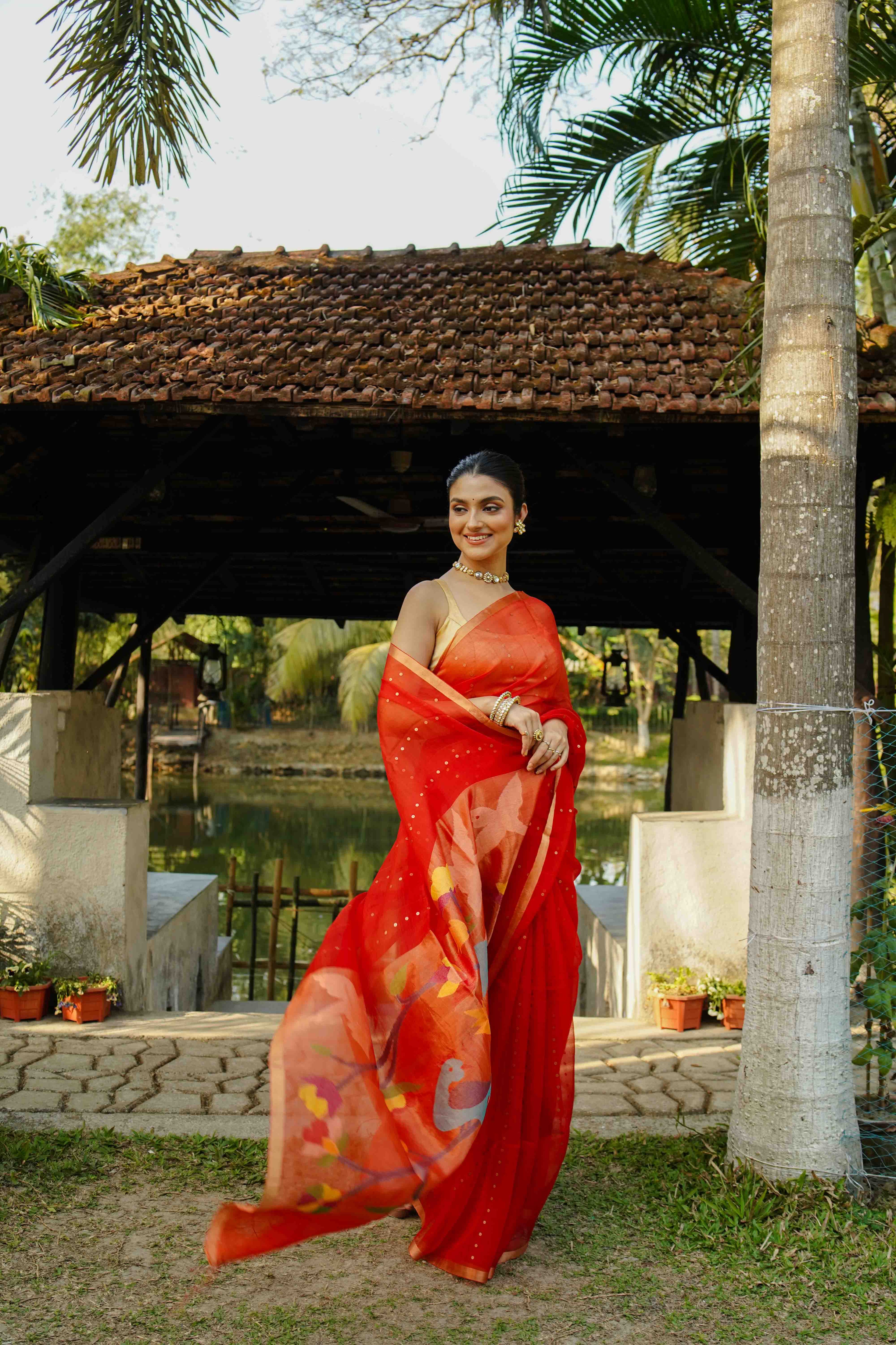Rust Orange Muslin Saree With Blouse Piece