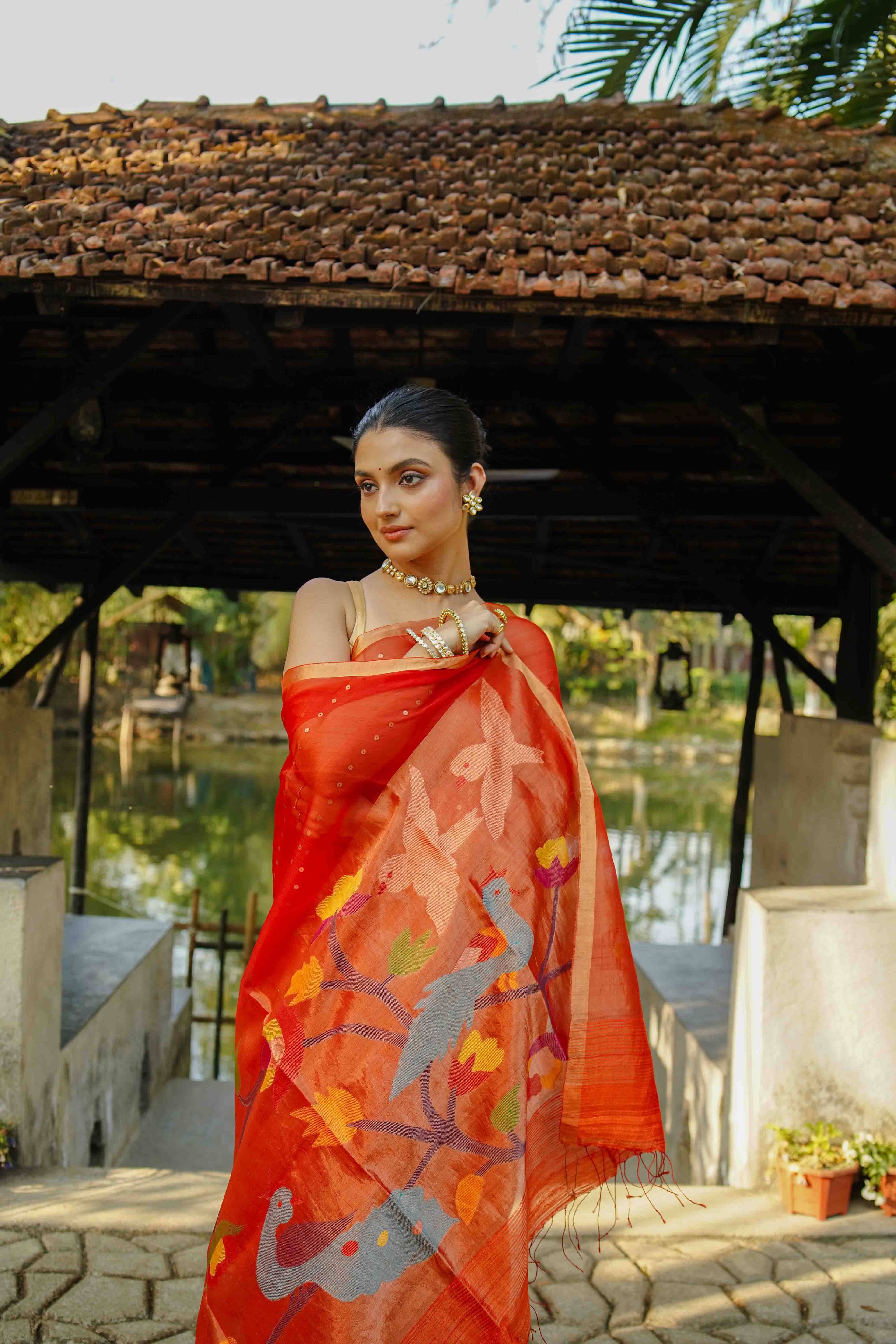 Rust Orange Muslin Saree With Blouse Piece