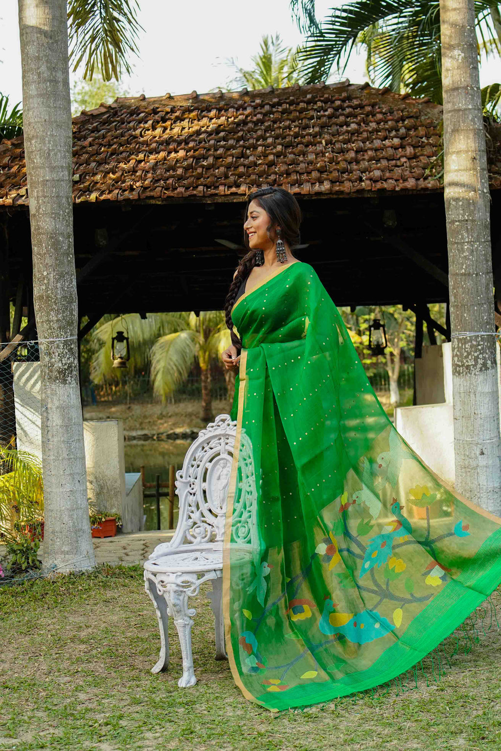 Green Muslin Saree With Blouse Piece