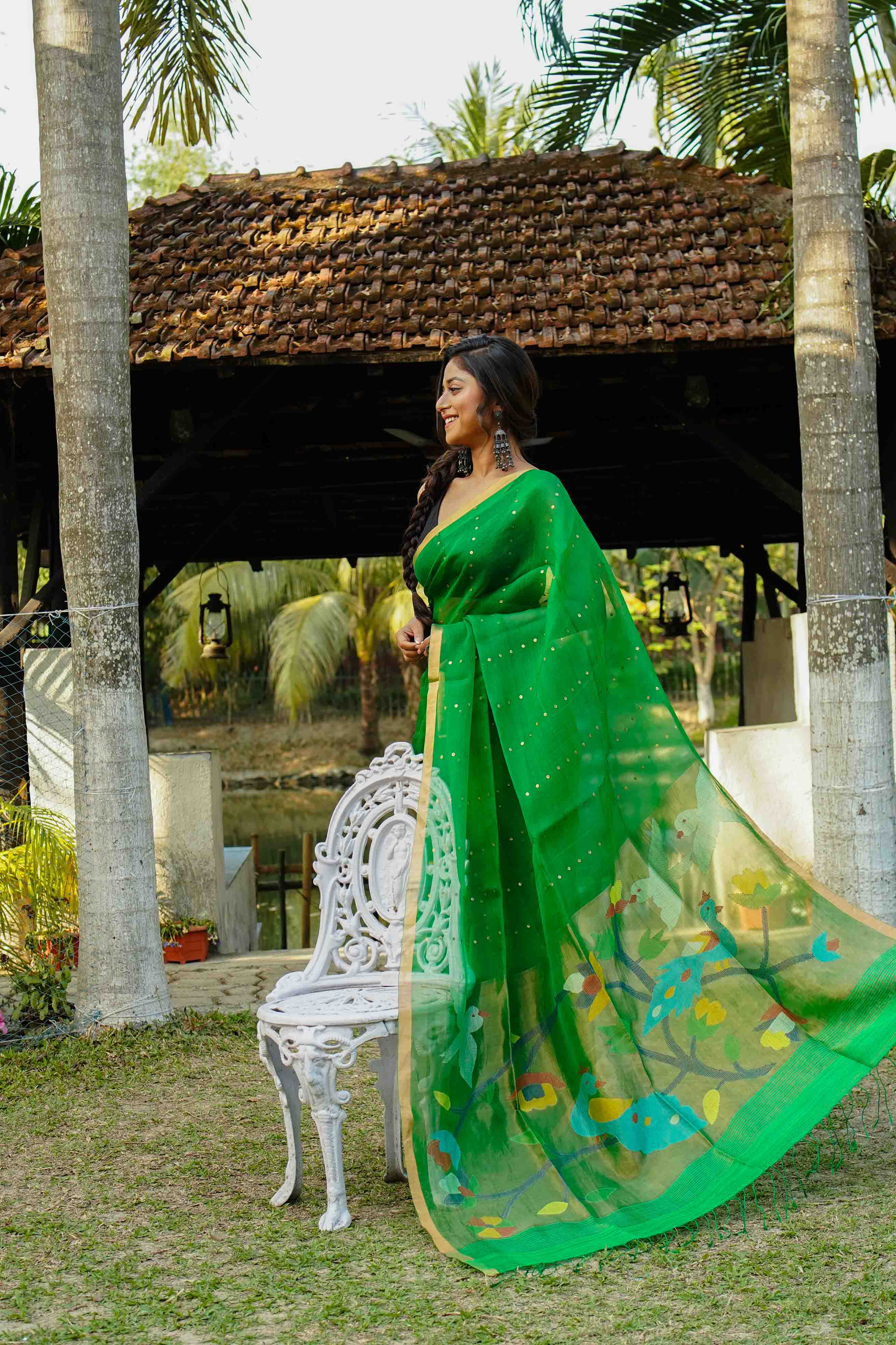 Green Muslin Saree With Blouse Piece