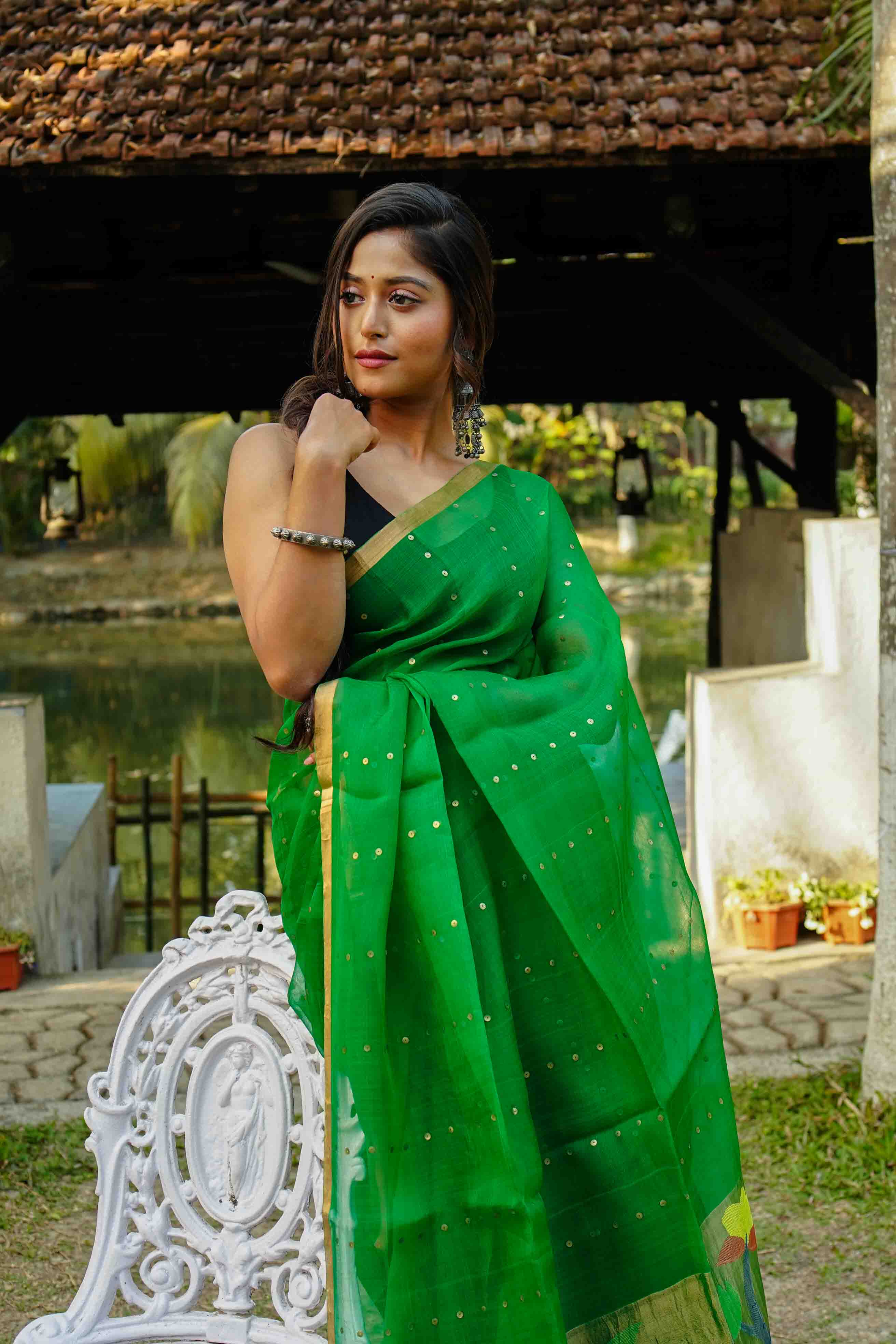 Green Muslin Saree With Blouse Piece