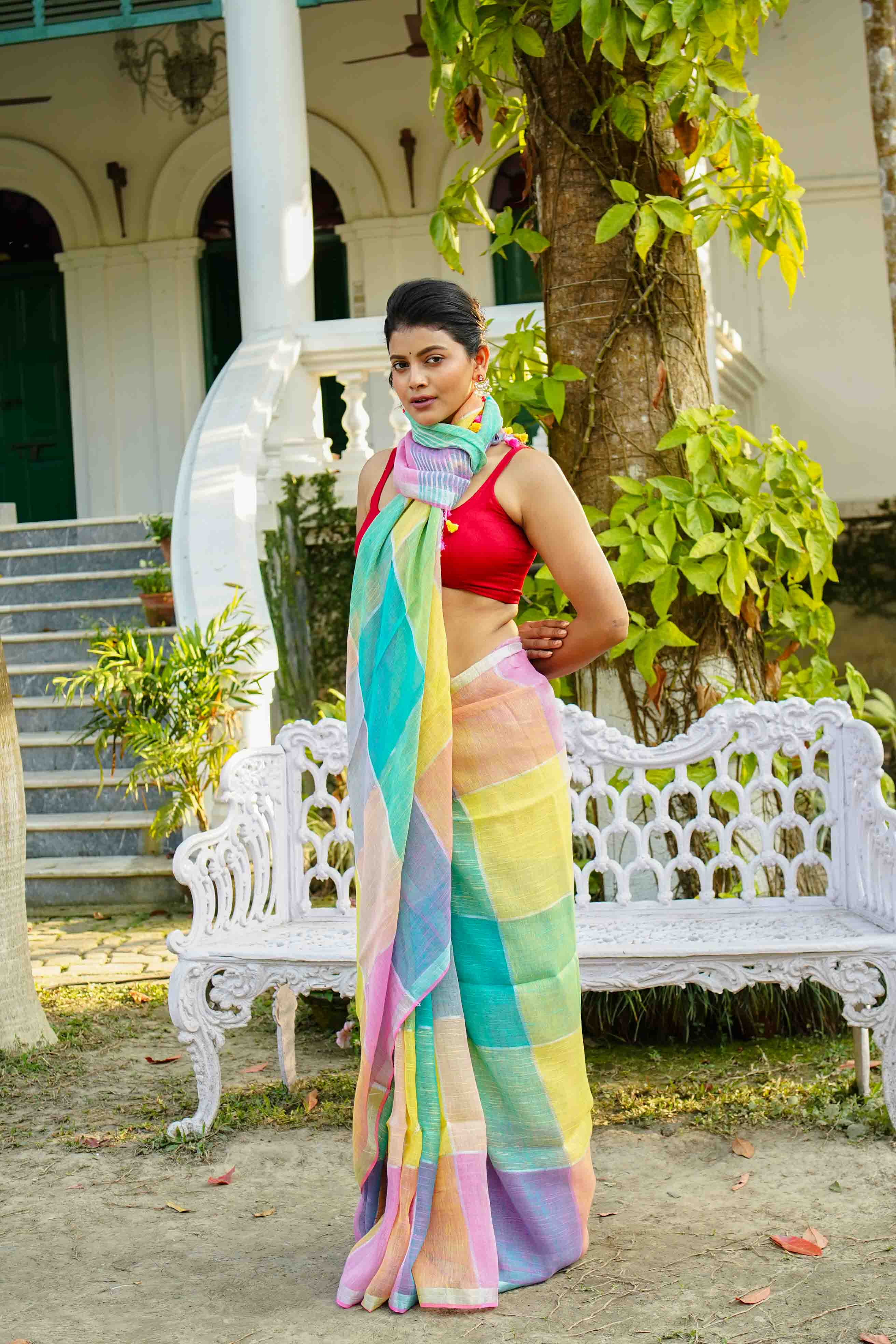 Multicolor Pastel Shade Linen Cotton Saree Without  Blouse Piece