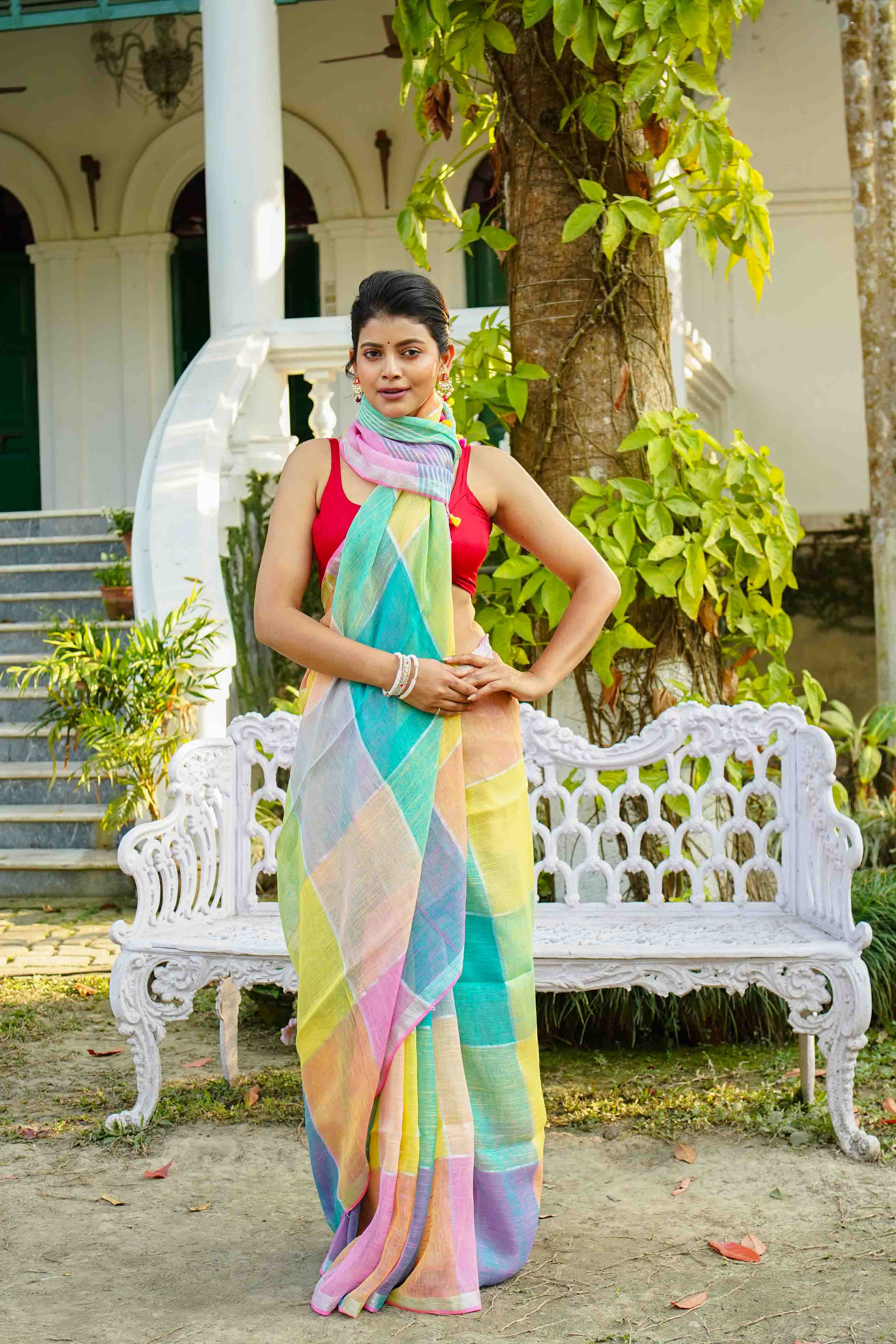 Multicolor Pastel Shade Linen Cotton Saree Without  Blouse Piece