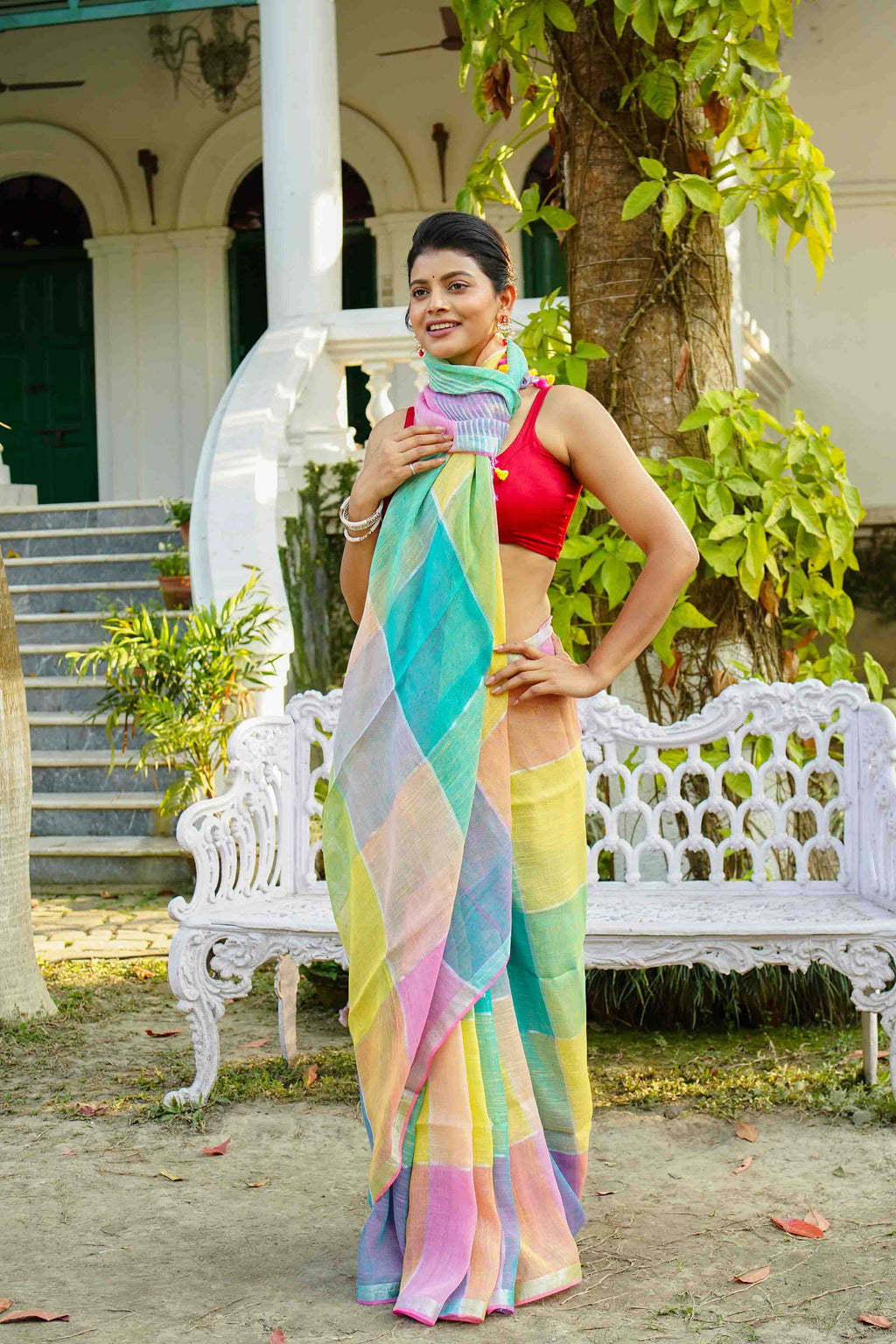 Multicolor Pastel Shade Linen Cotton Saree Without  Blouse Piece