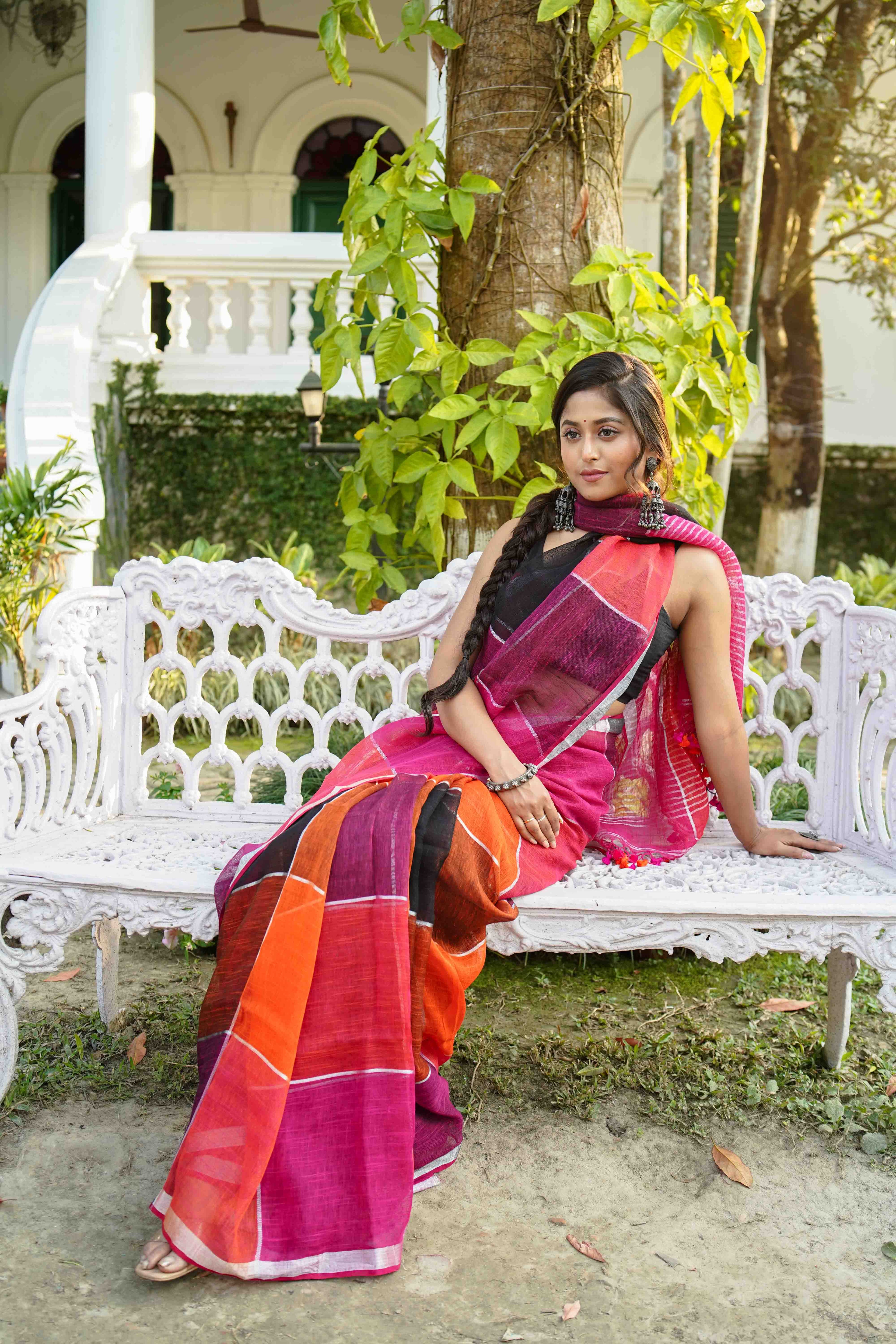 Multicolor Linen Cotton Saree Without  Blouse Piece