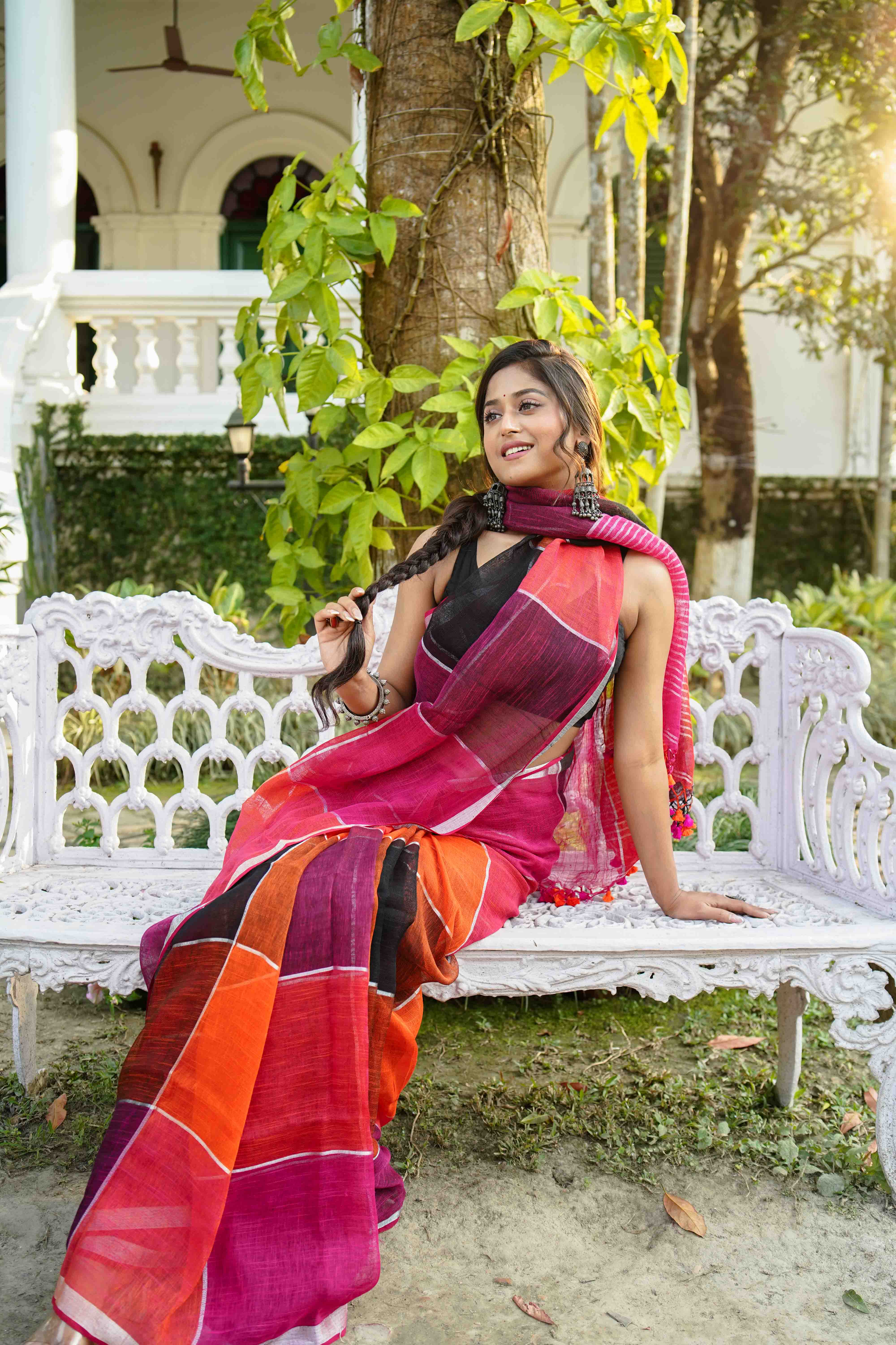 Multicolor Linen Cotton Saree Without  Blouse Piece