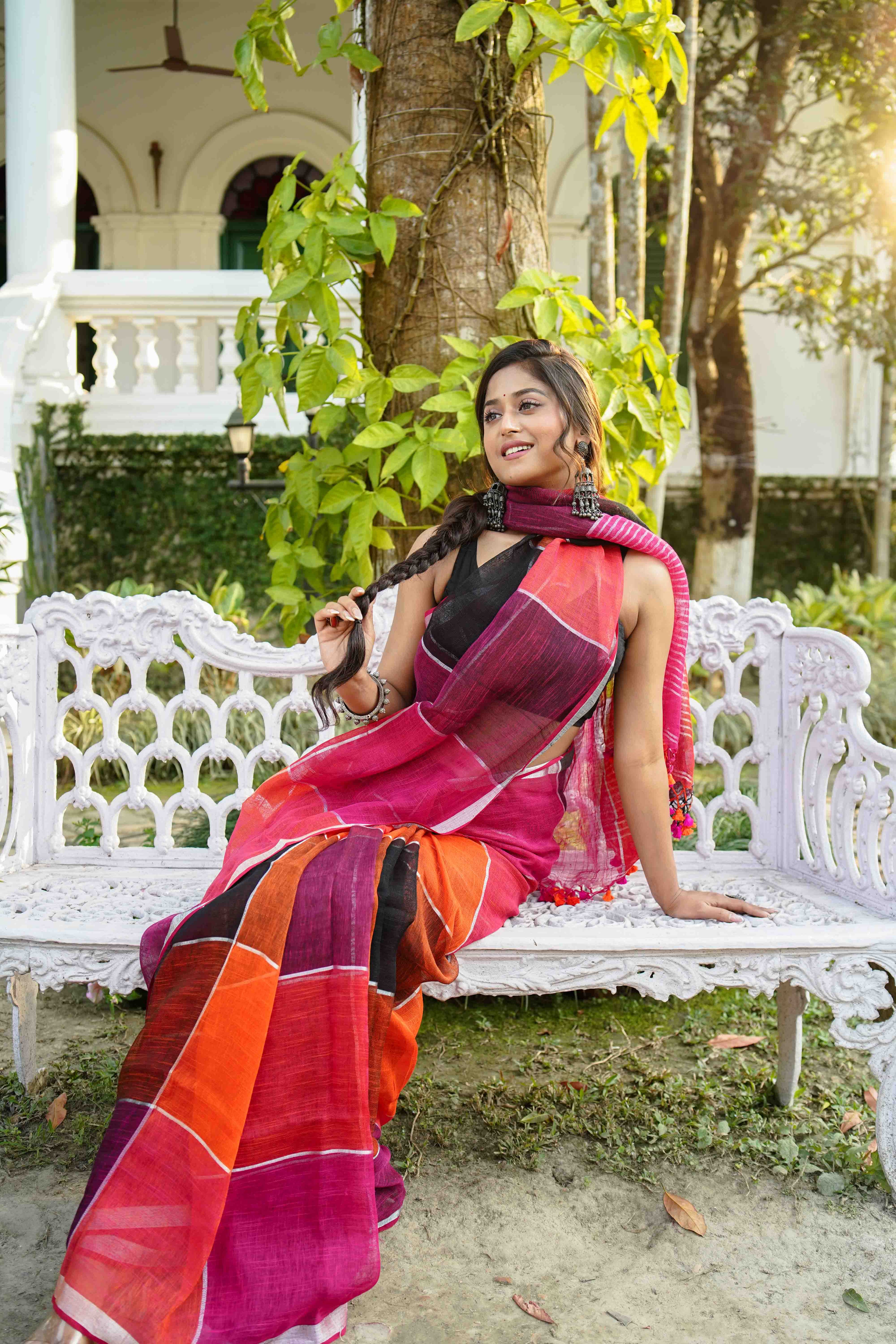 Multicolor Linen Cotton Saree Without  Blouse Piece