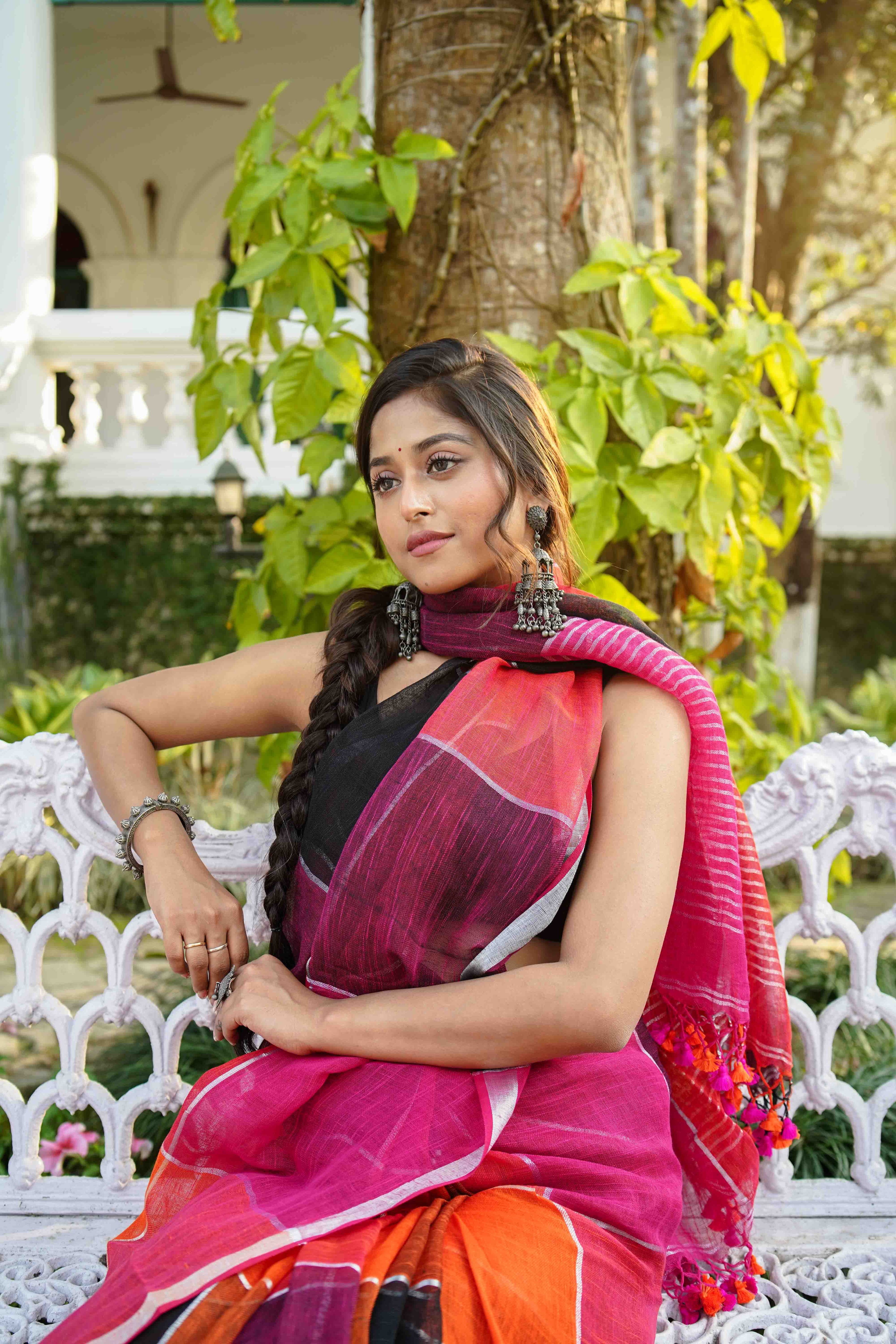 Multicolor Linen Cotton Saree Without  Blouse Piece