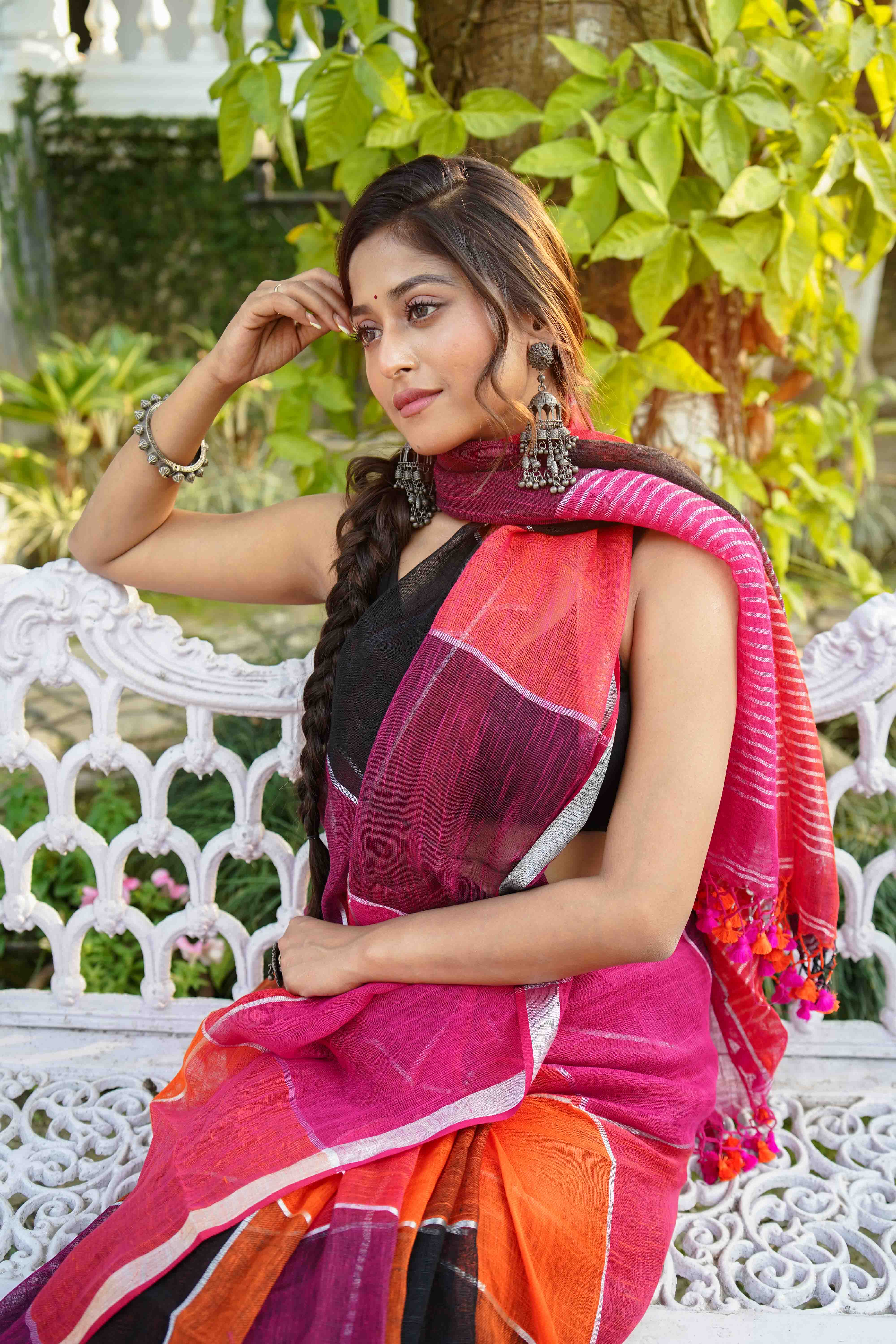 Multicolor Linen Cotton Saree WITHOUT Blouse Piece