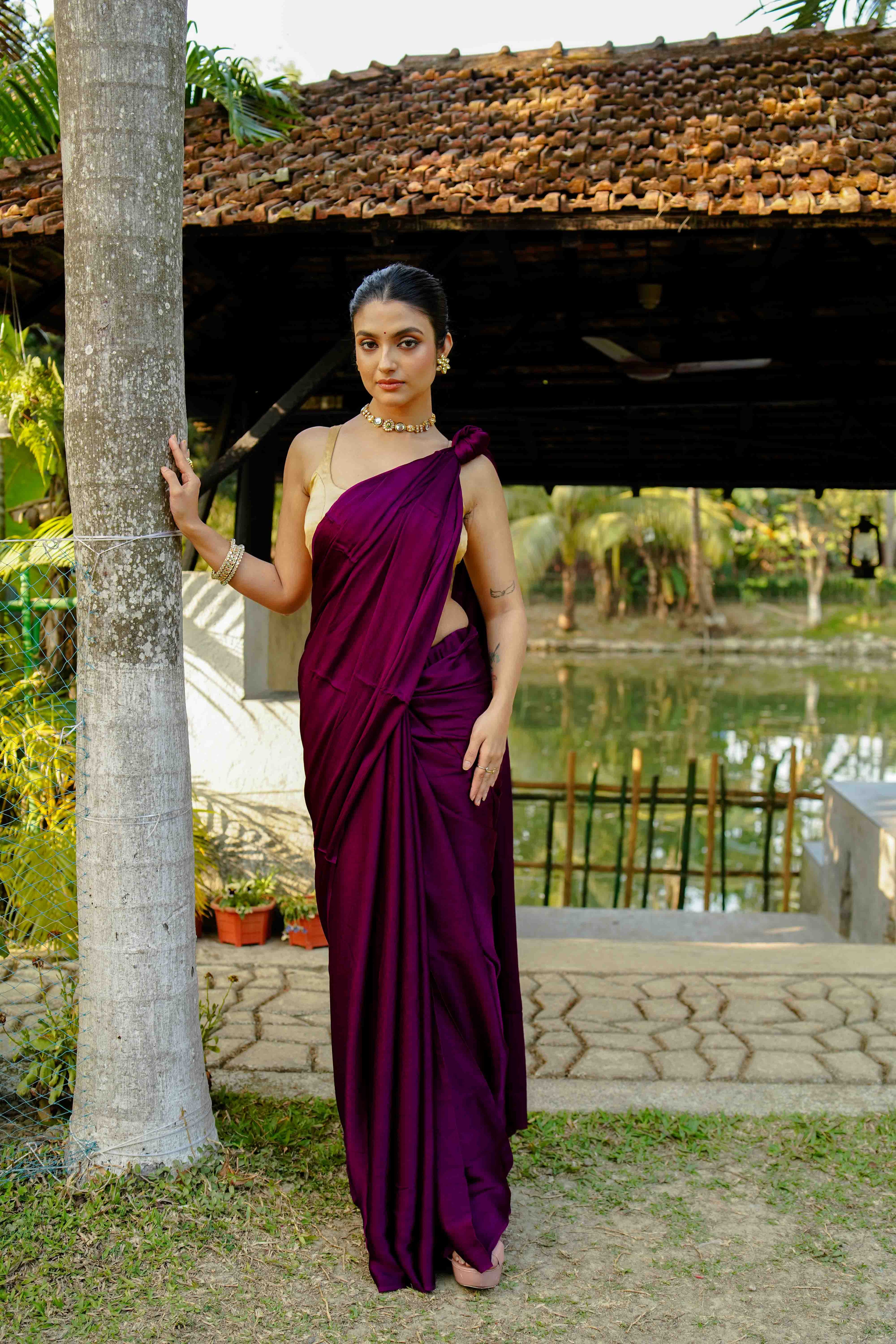 Wine Satin Saree With Blouse Piece