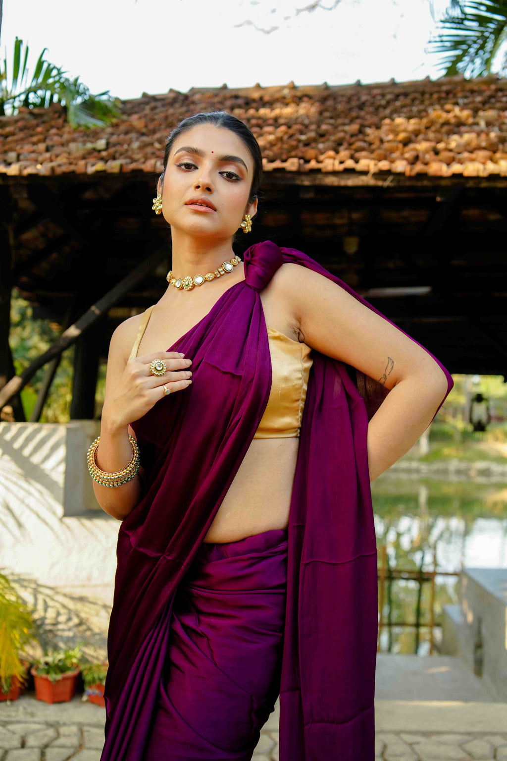 Wine Satin Saree With Blouse Piece