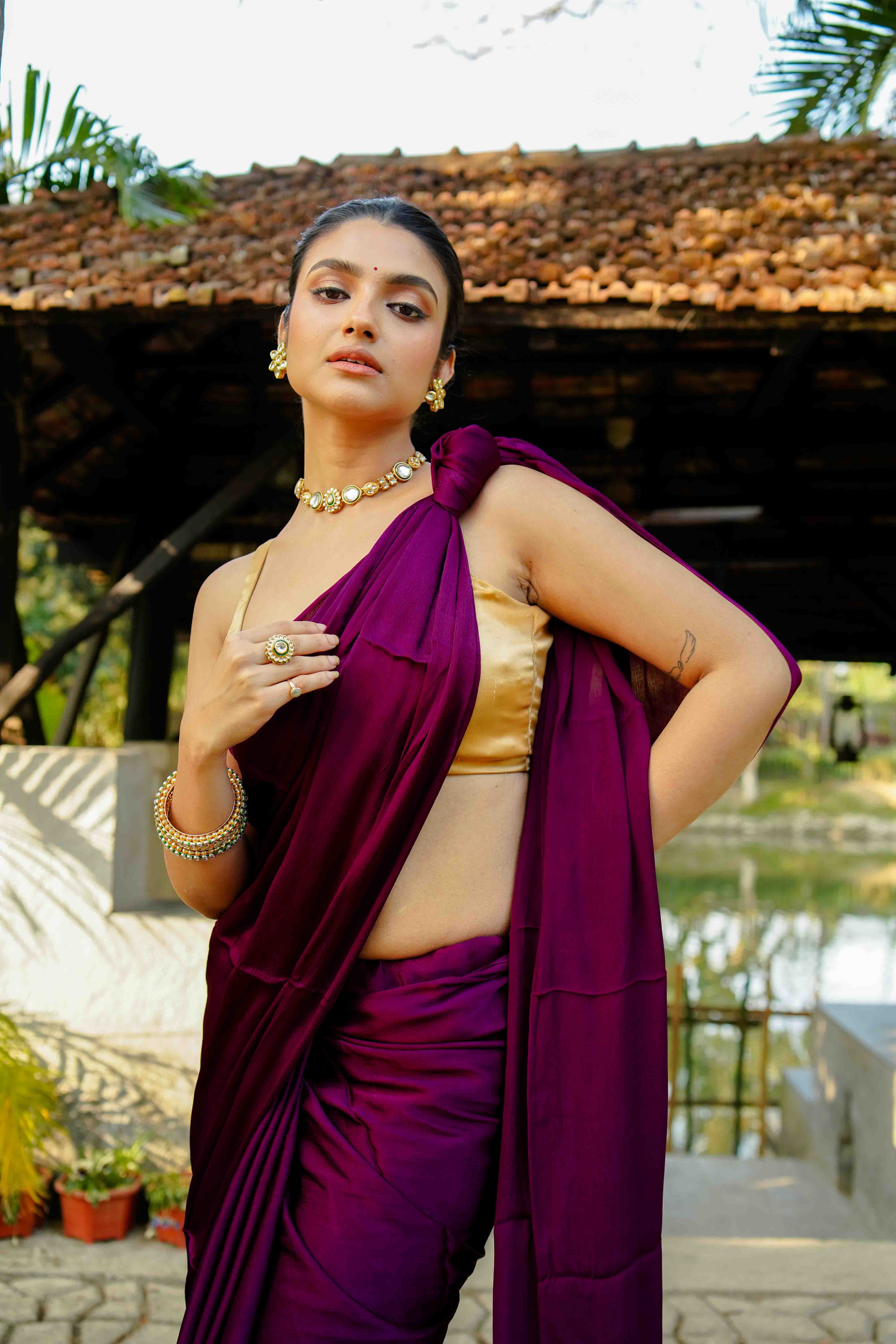 Wine Satin Saree With Blouse Piece