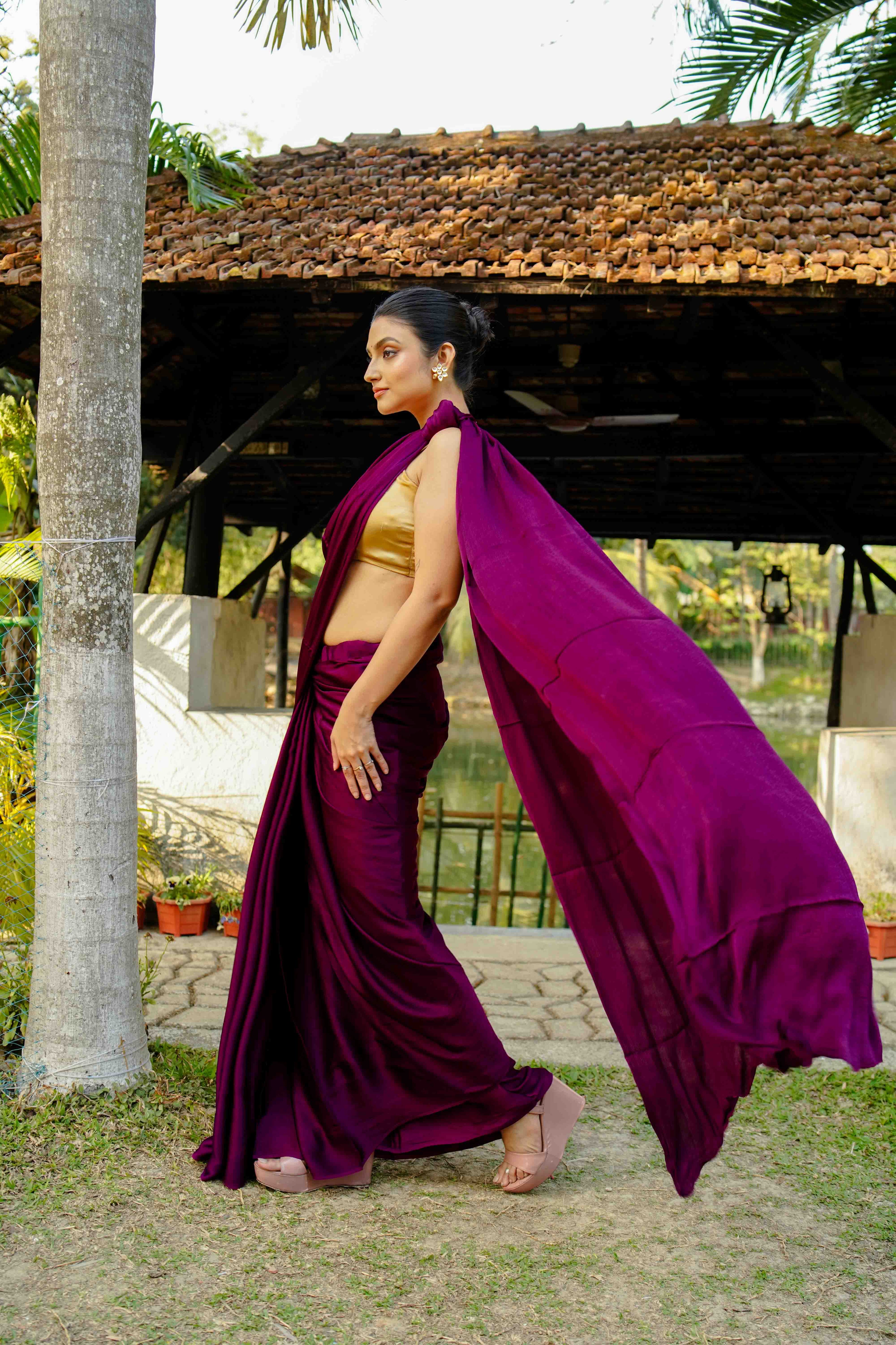 Wine Satin Saree With Blouse Piece
