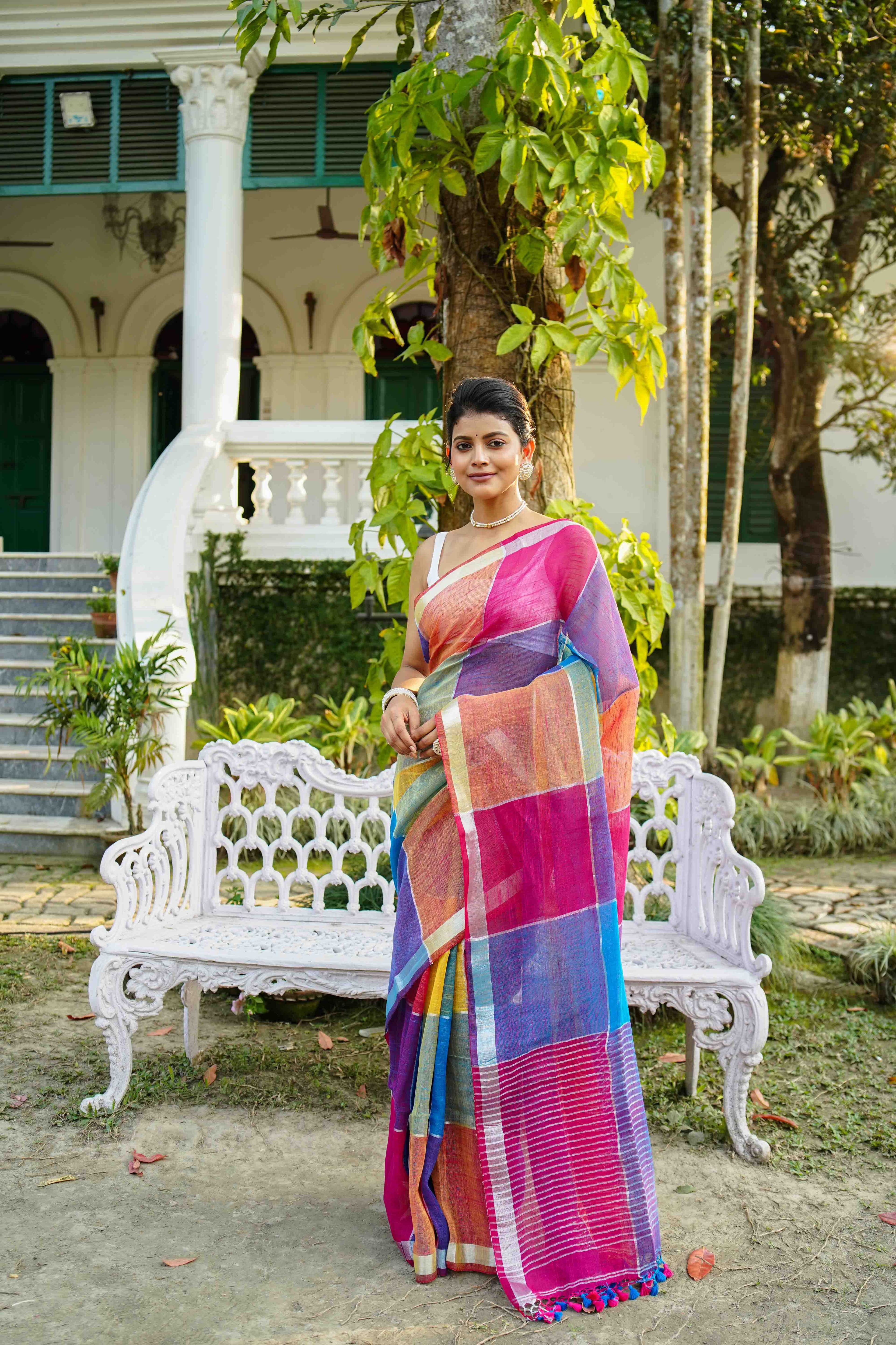 Multicolor Linen Cotton Saree Without Blouse Piece