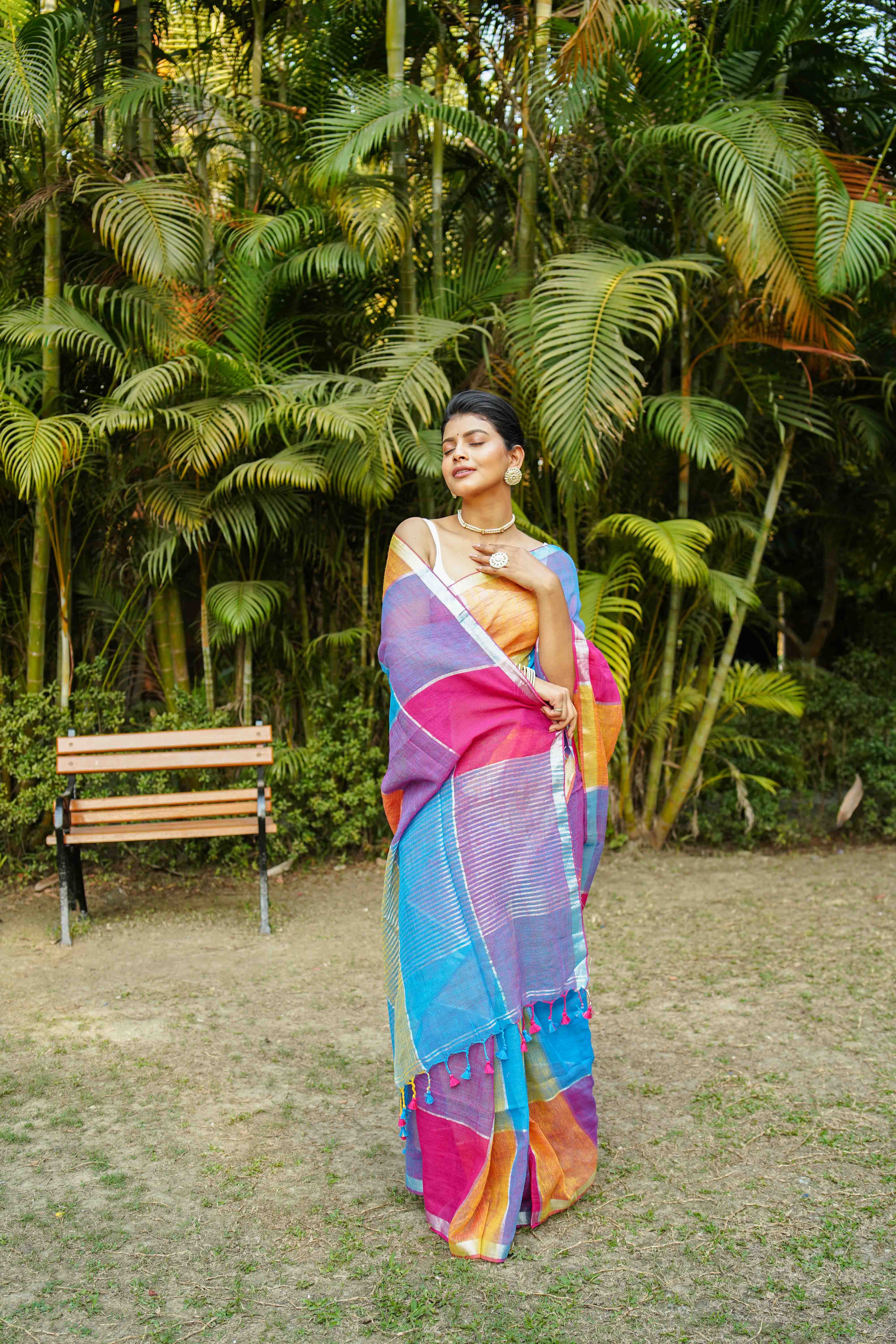 Multicolor Linen Cotton Saree Without Blouse Piece