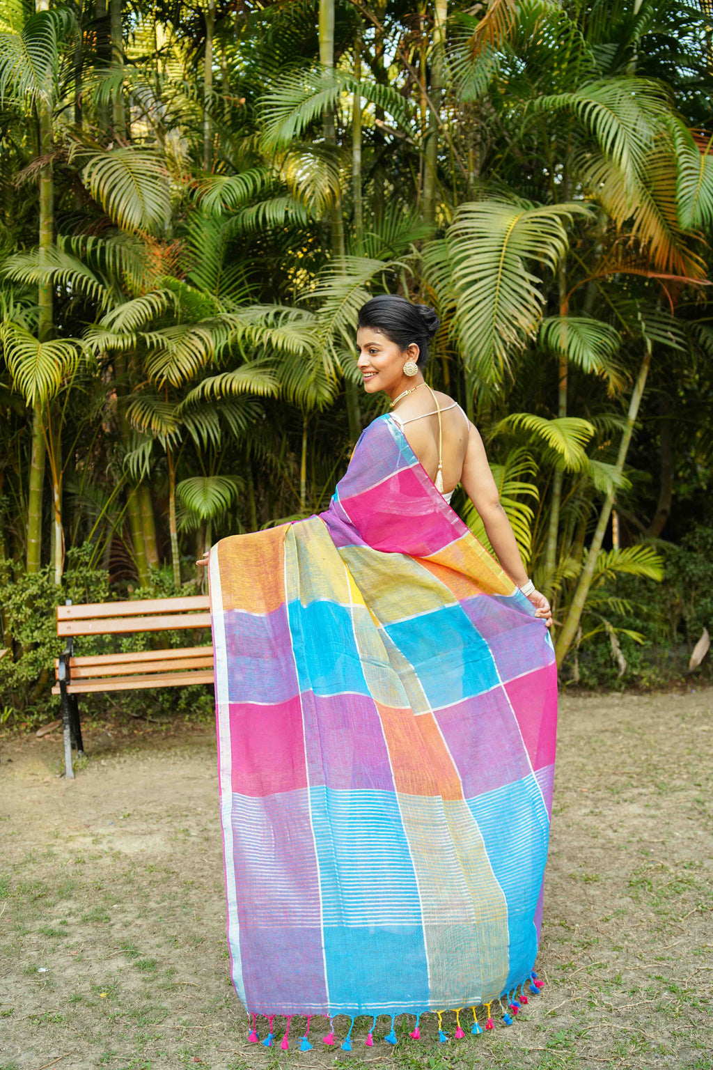 Multicolor Linen Cotton Saree Without Blouse Piece