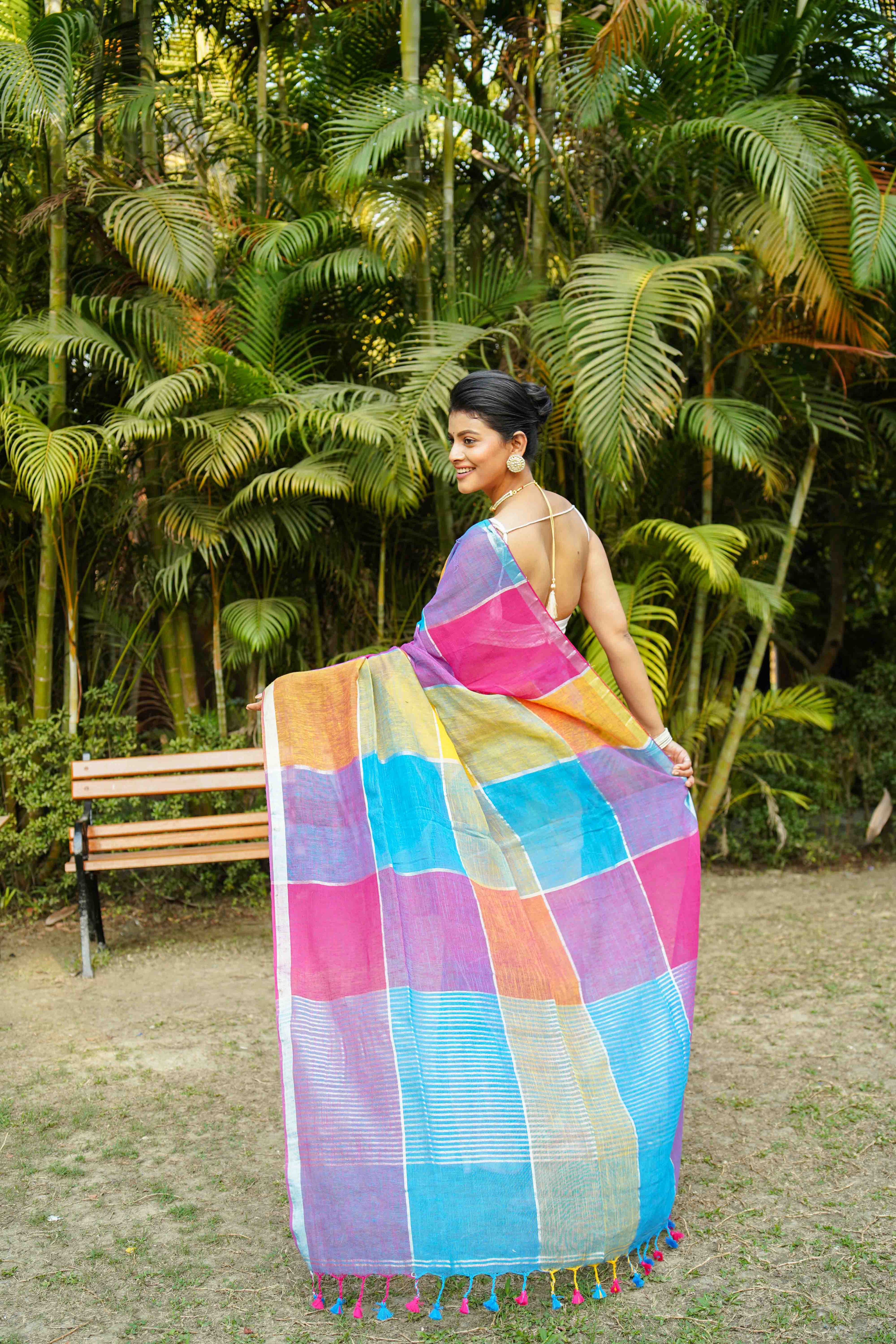 Multicolor Linen Cotton Saree Without Blouse Piece