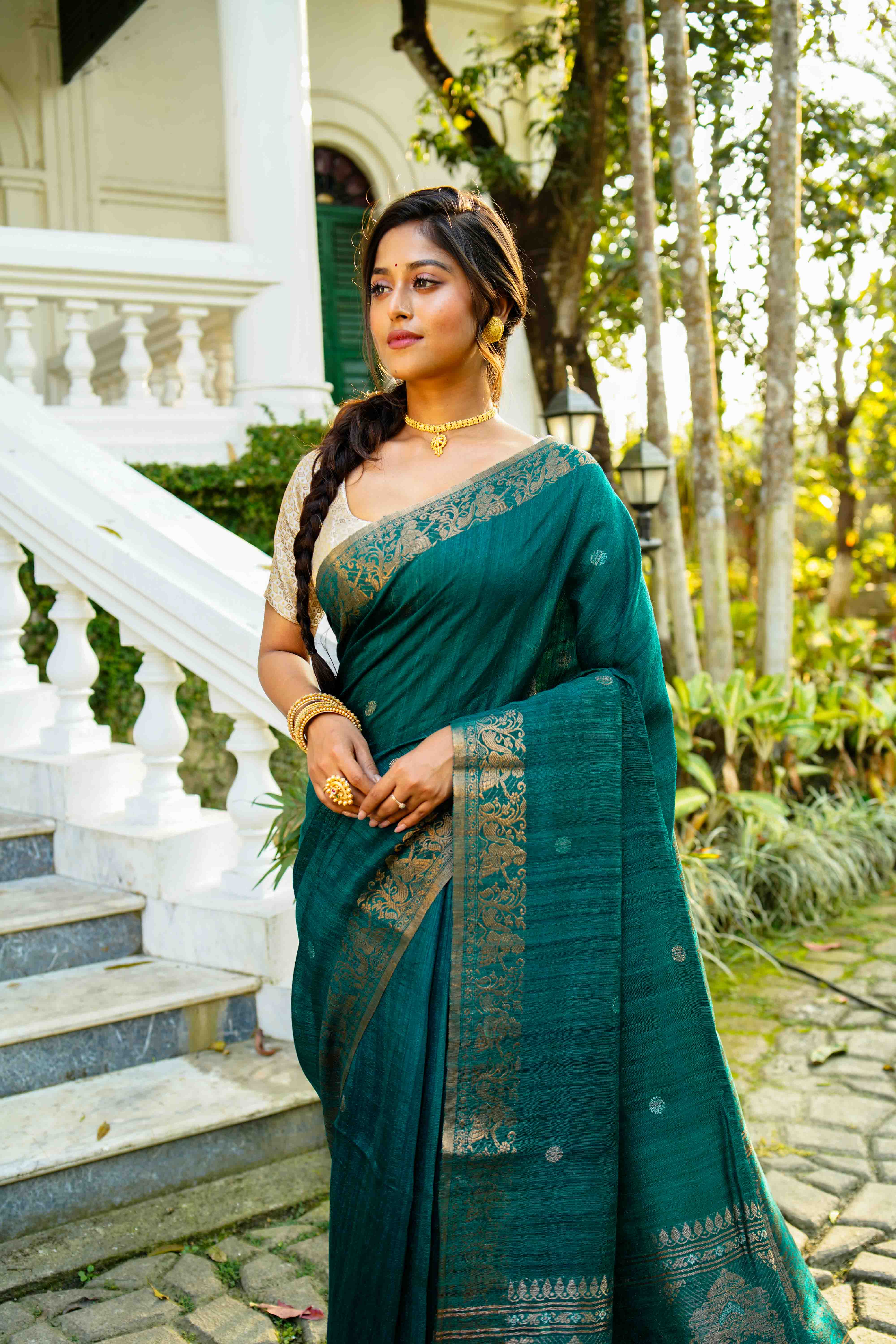 Peacock Blue Matka Silk Saree WITH Blouse Piece