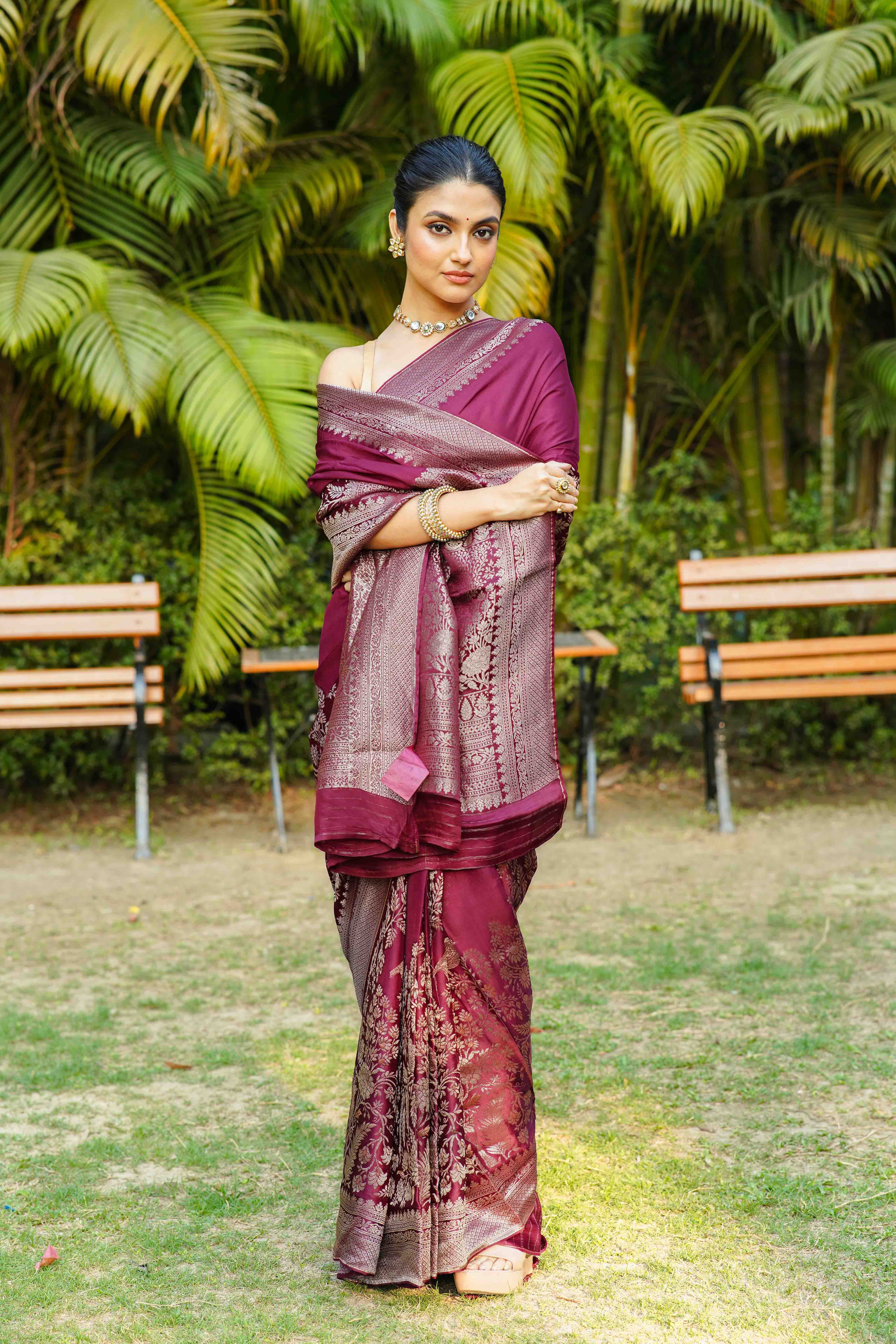 Wine Blended Mashru Banarasi Saree With Blouse Piece