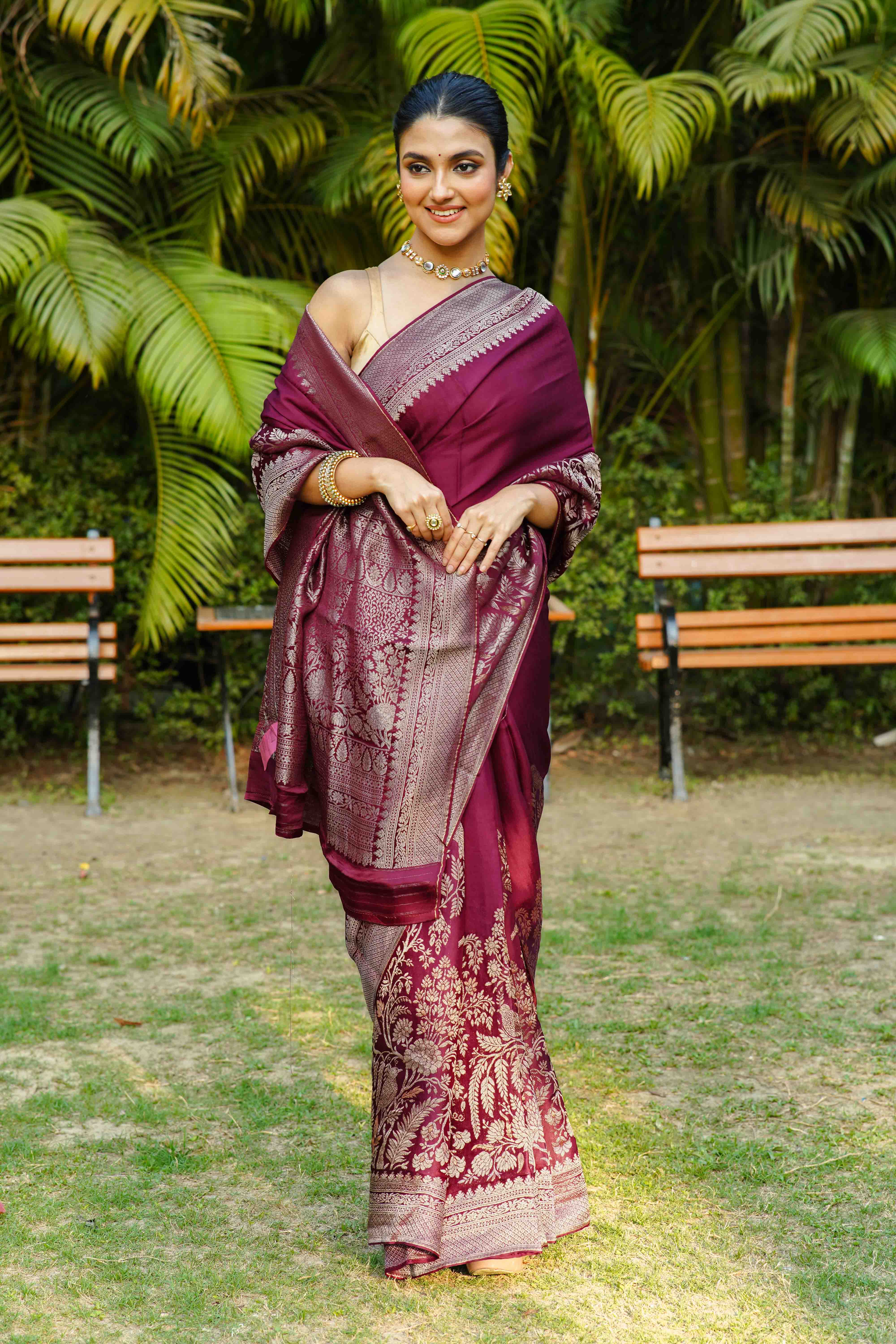 Wine Blended Mashru Banarasi Saree With Blouse Piece