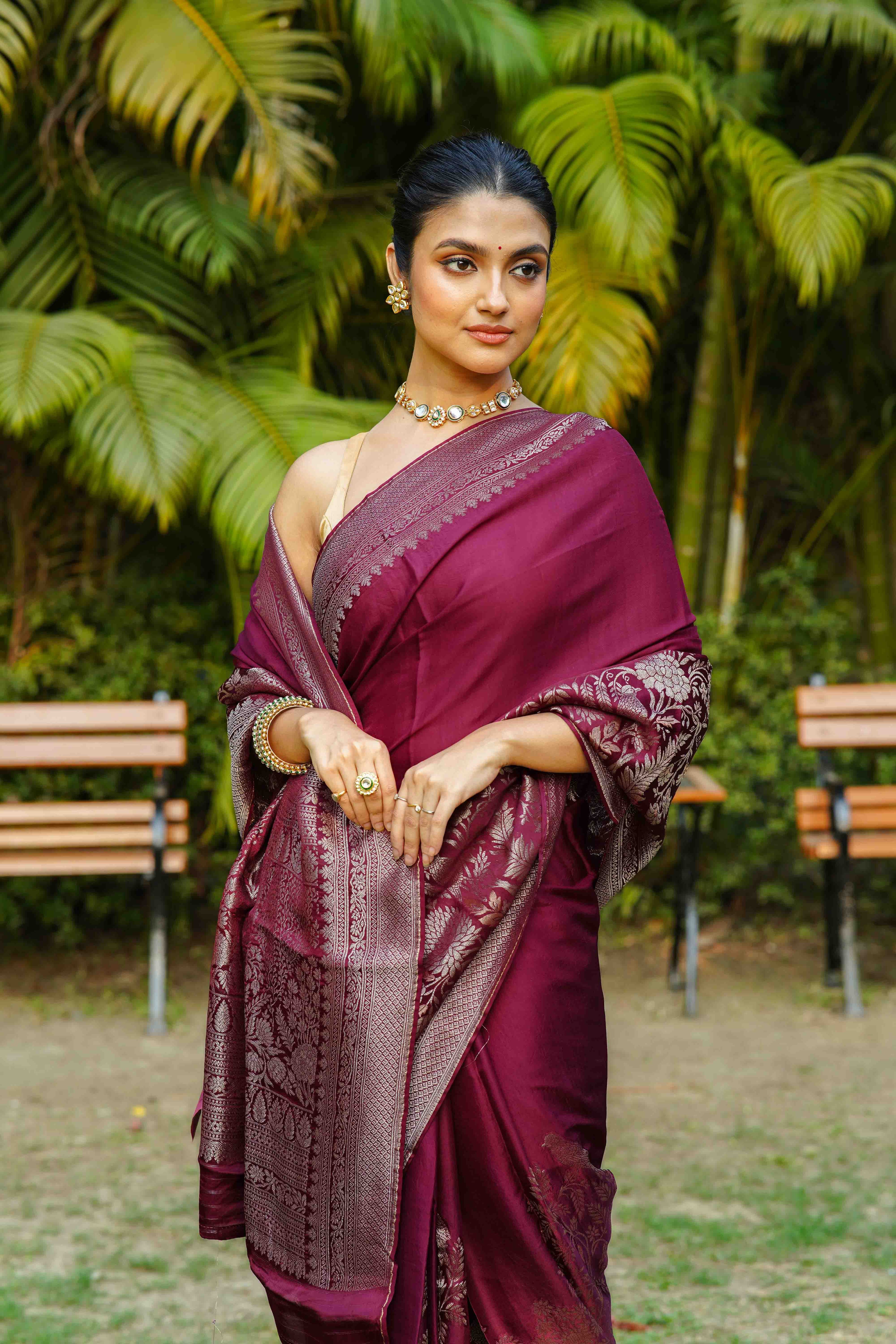 Wine Blended Mashru Banarasi Saree With Blouse Piece