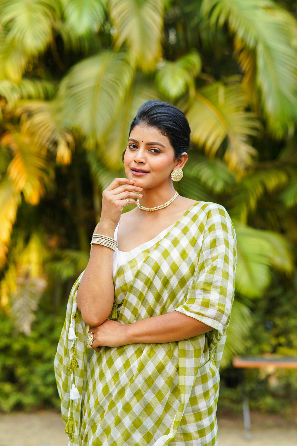 Green & White Cotton Saree With Blouse Piece