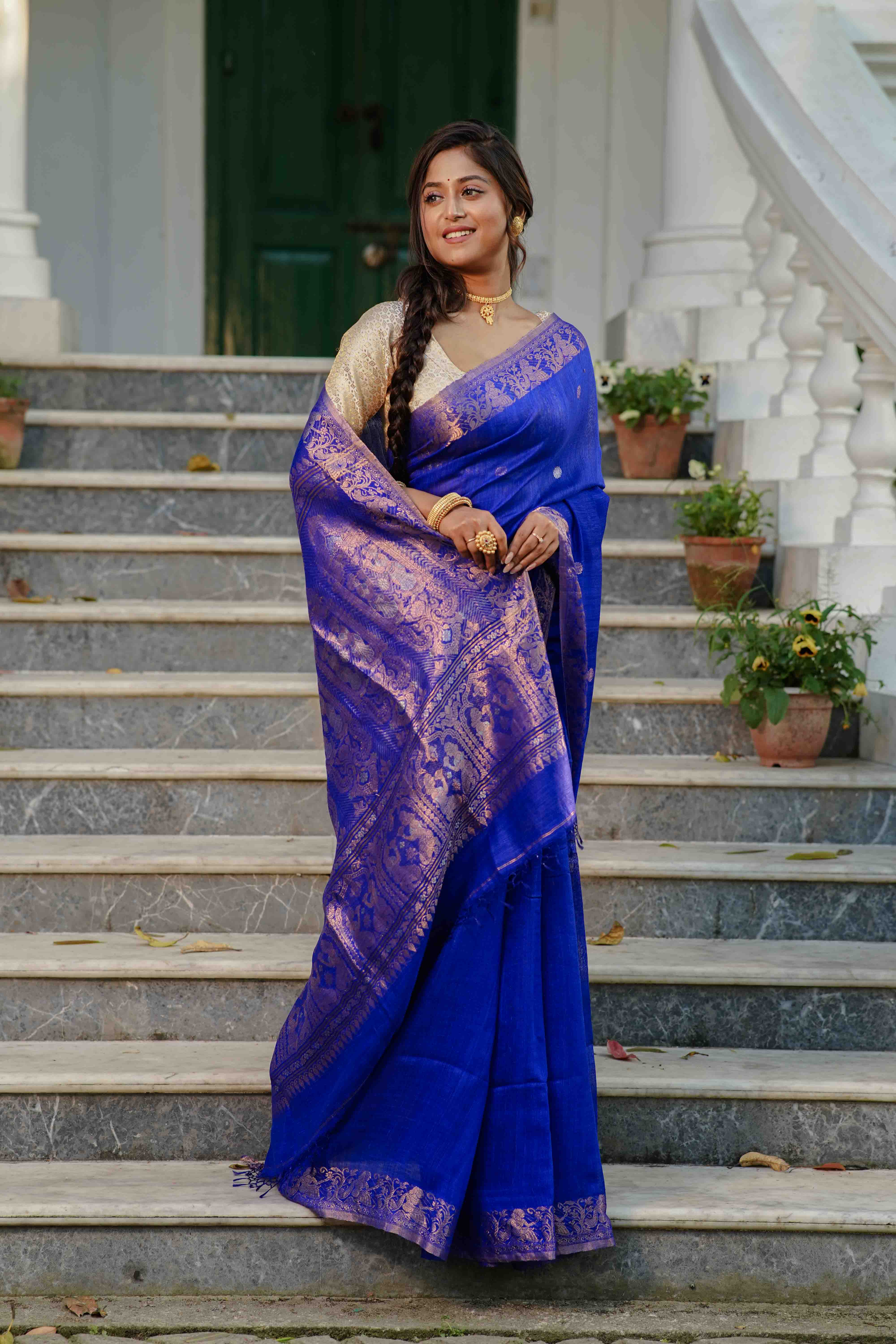 Royal Blue Matka Silk Saree WITH Blouse Piece