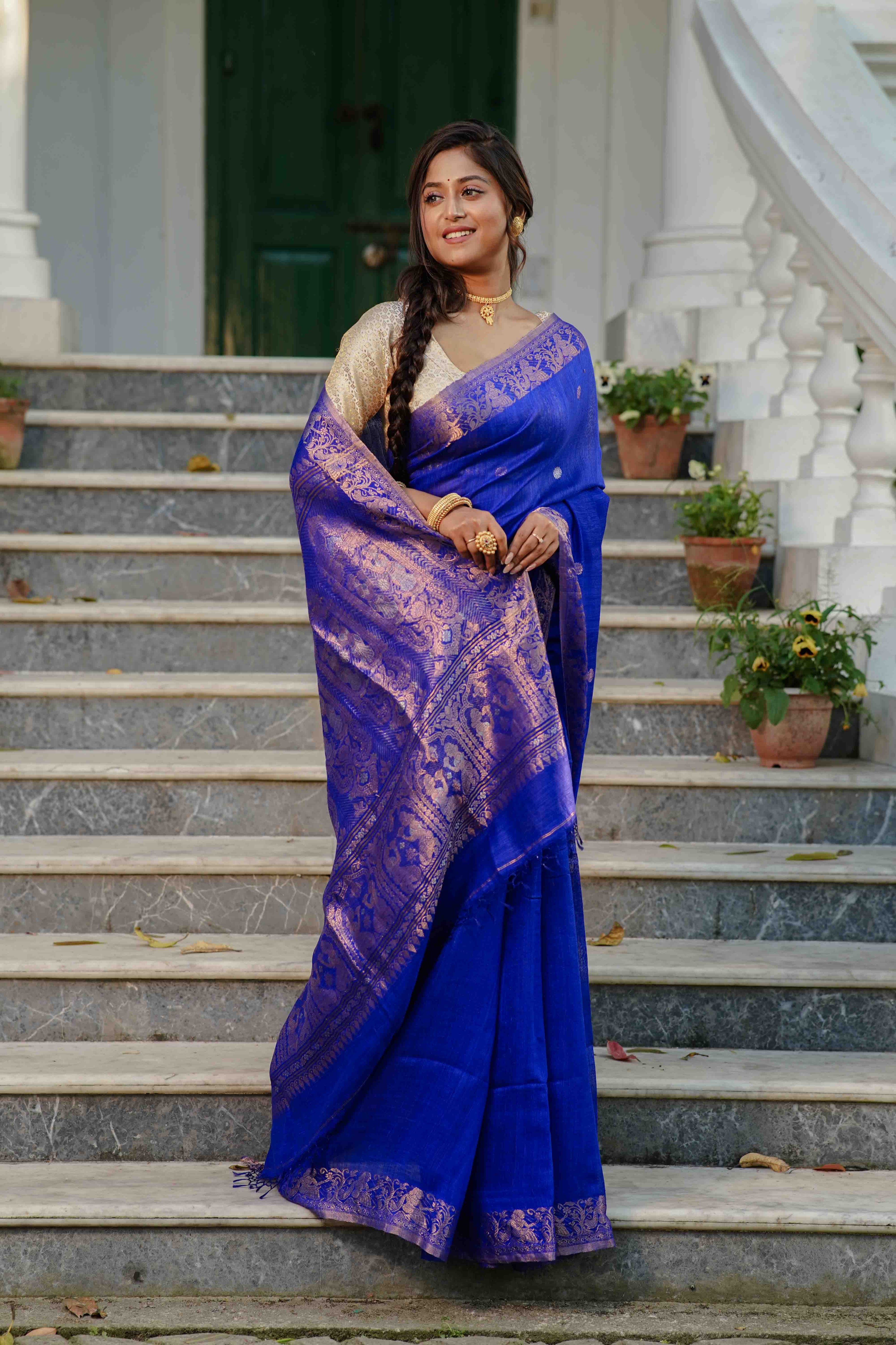 Royal Blue Matka Silk Saree With Blouse Piece