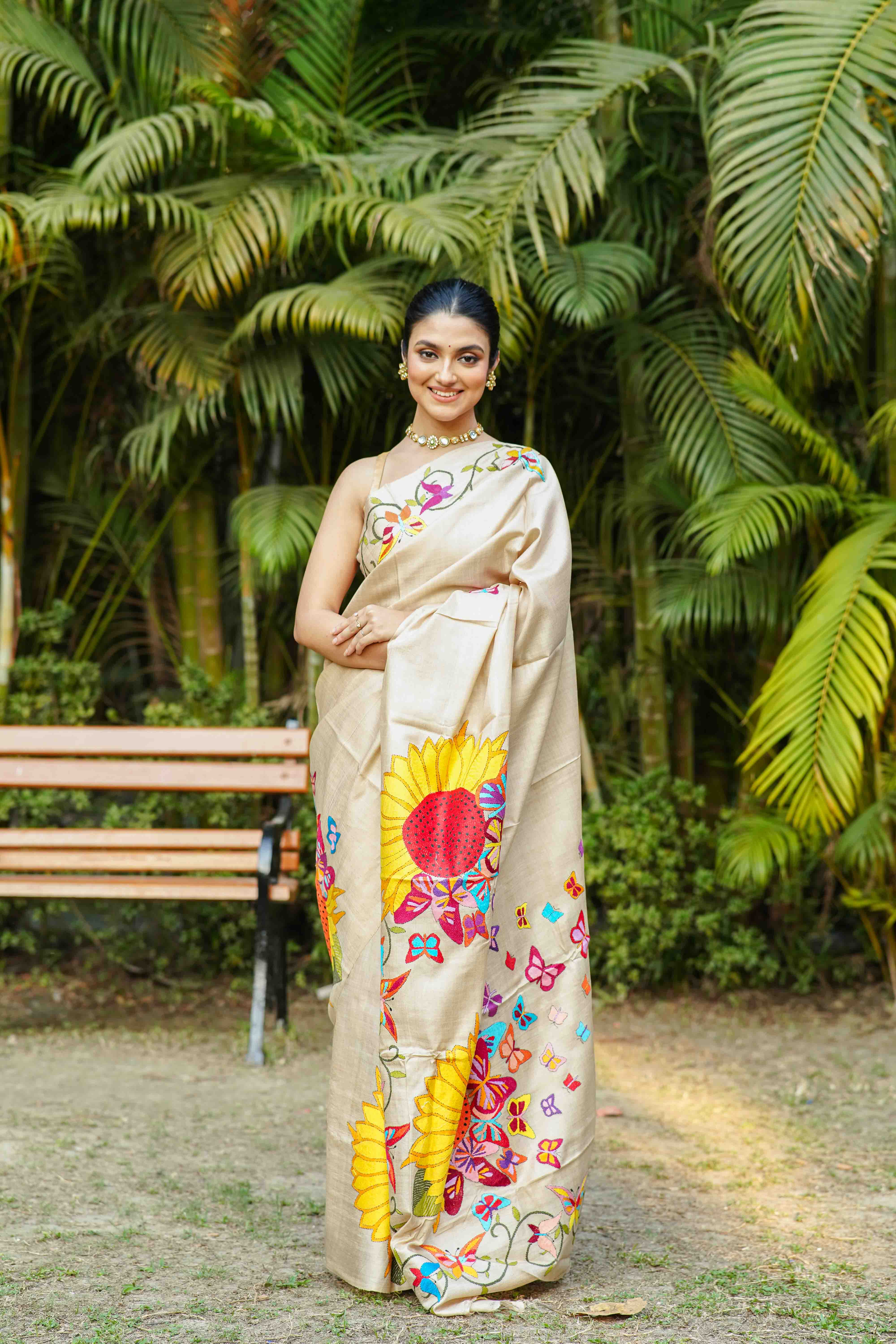 Beige Tussar Kantha Saree With Blouse Piece