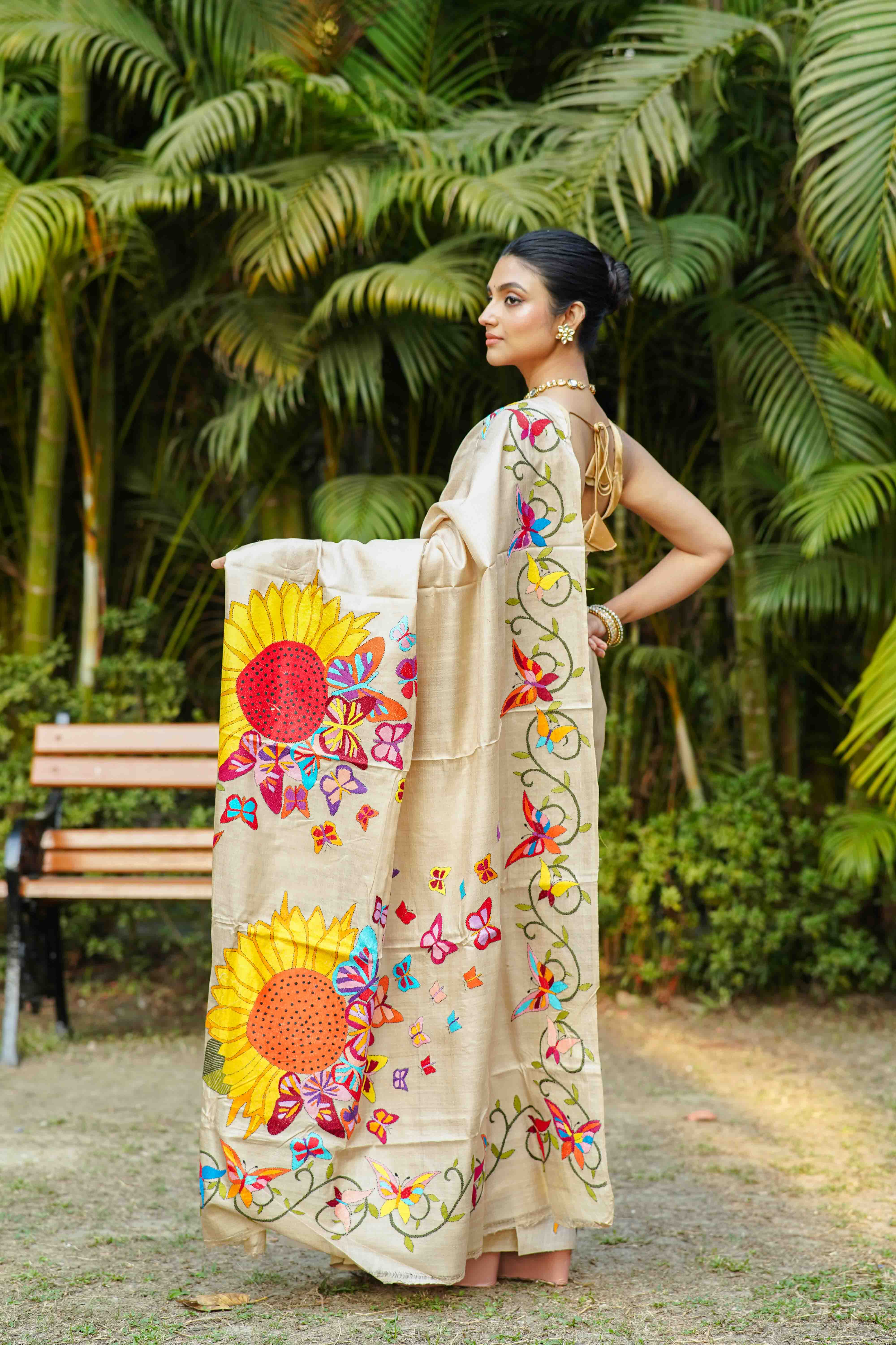 Beige Tussar Kantha Saree With Blouse Piece