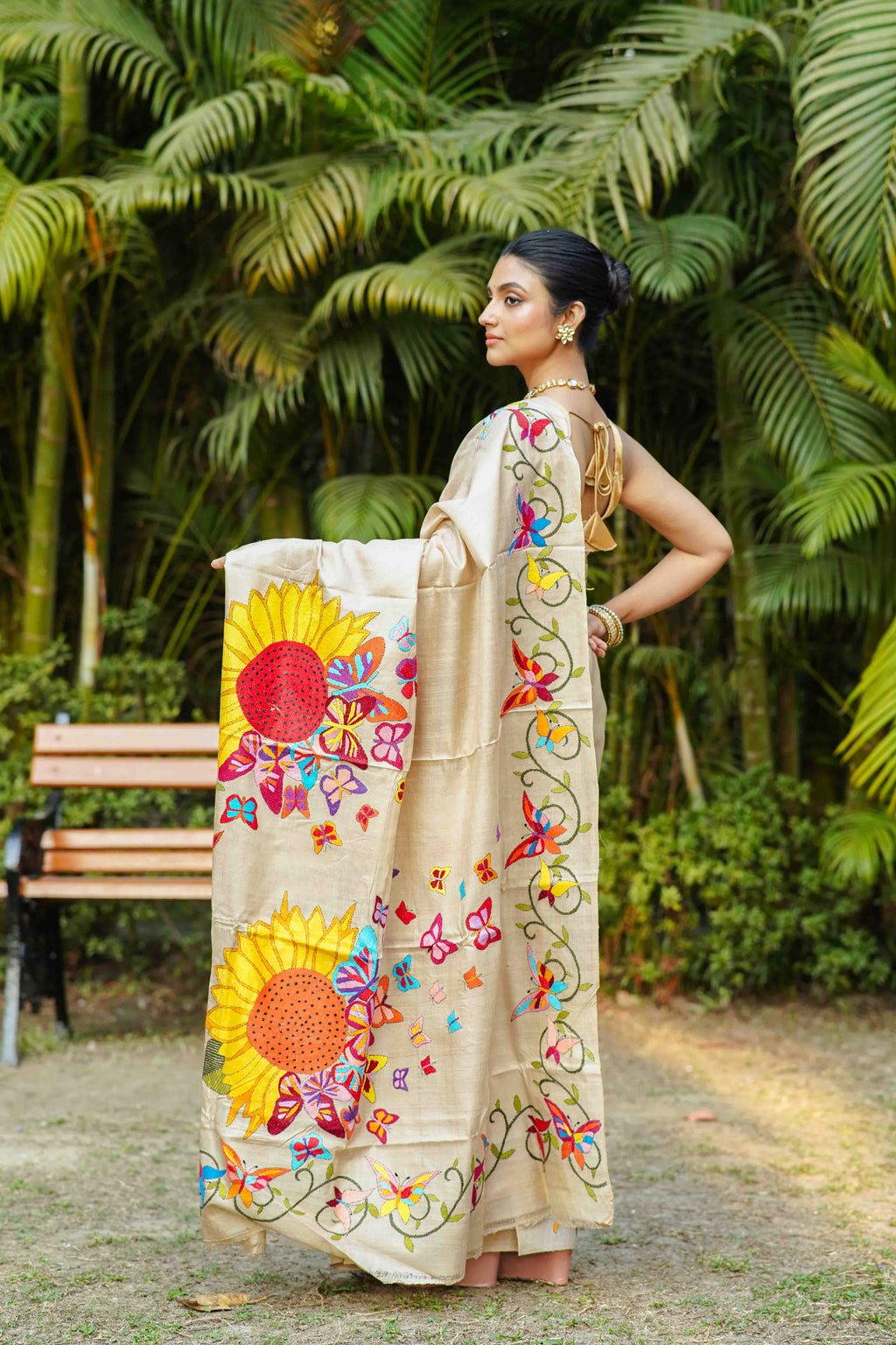 Beige Tussar Kantha Saree With Blouse Piece