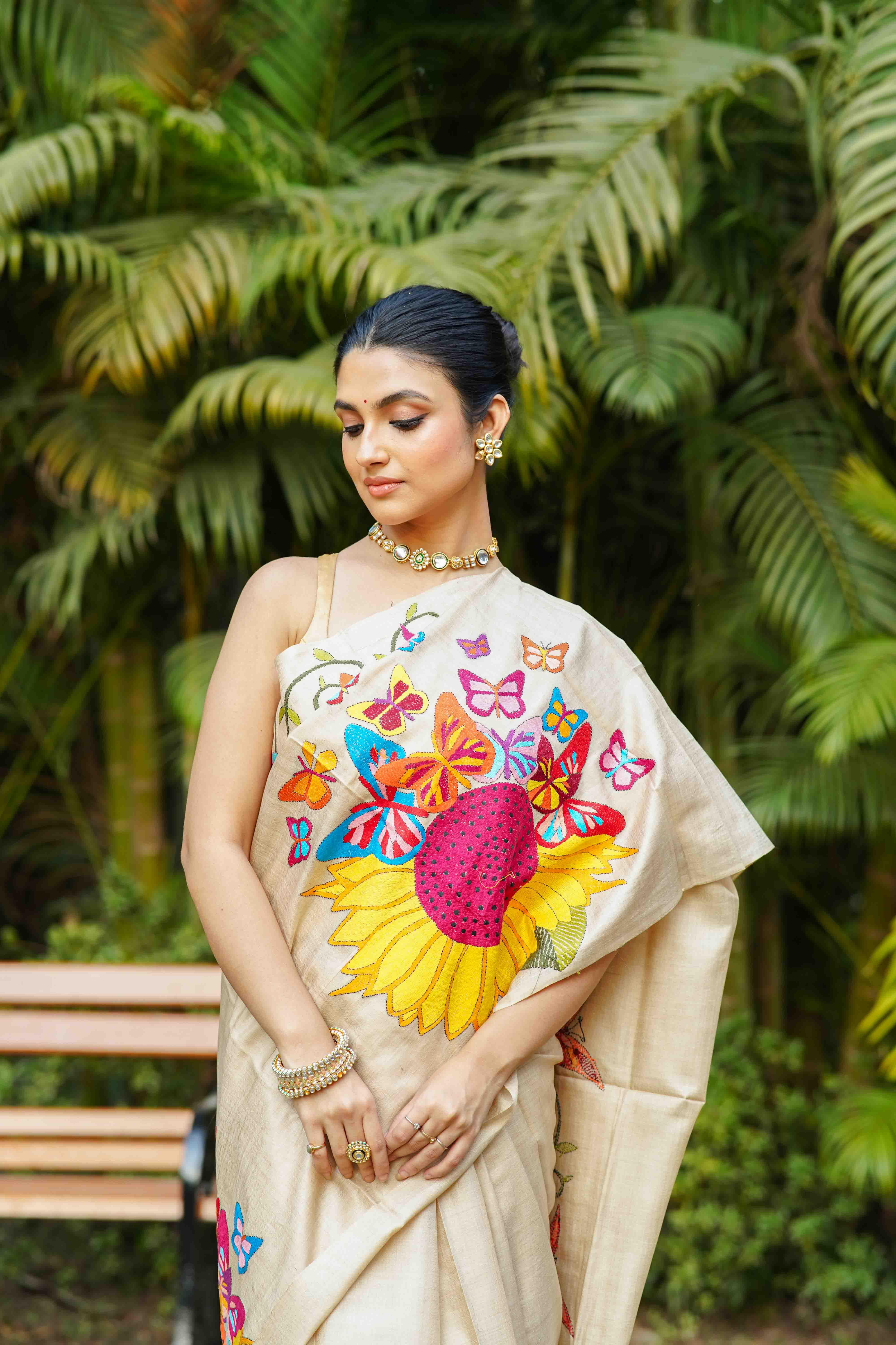 Beige Tussar Kantha Saree With Blouse Piece