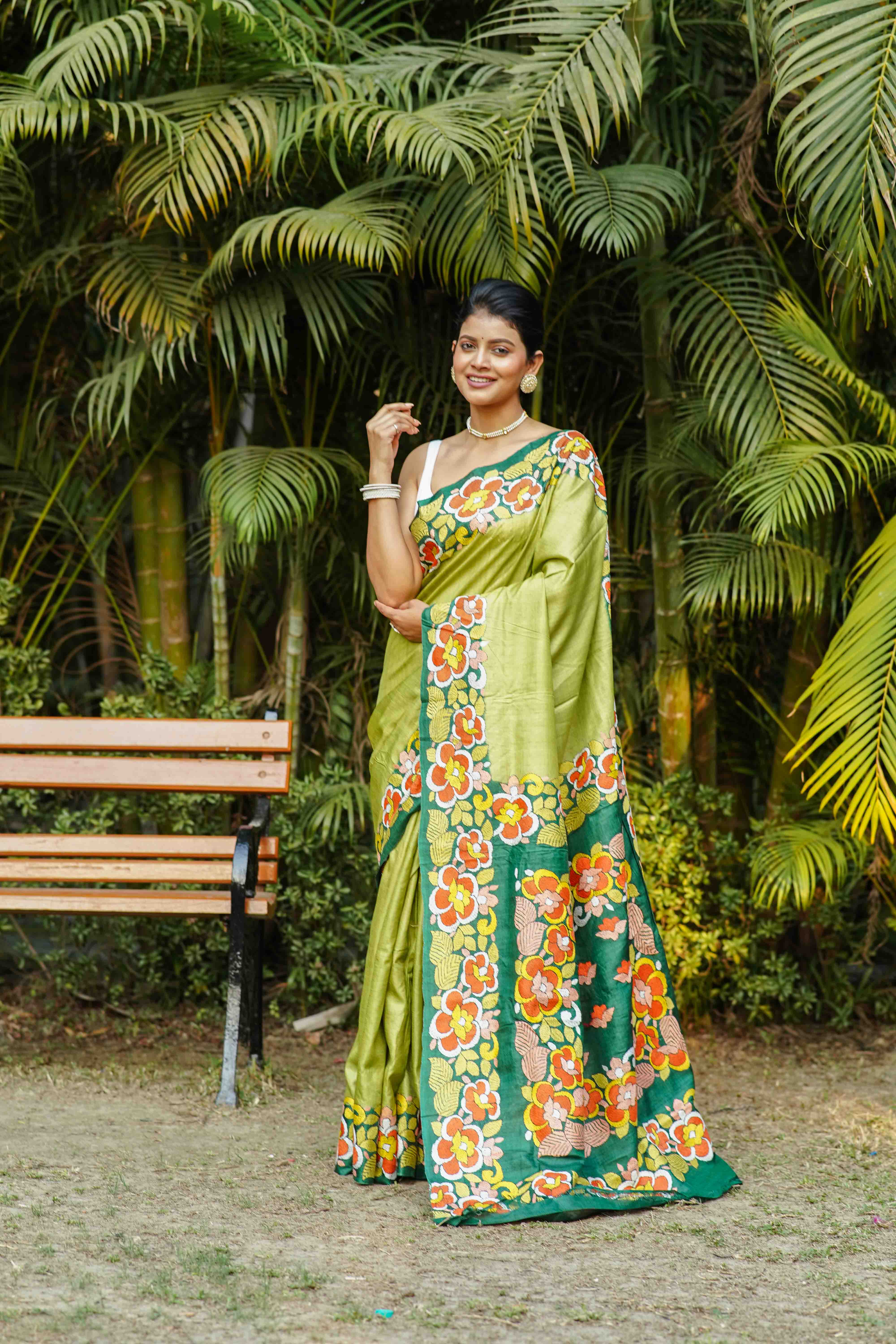 Bottle Green & Pista Tussar Kantha Saree With Blouse Piece