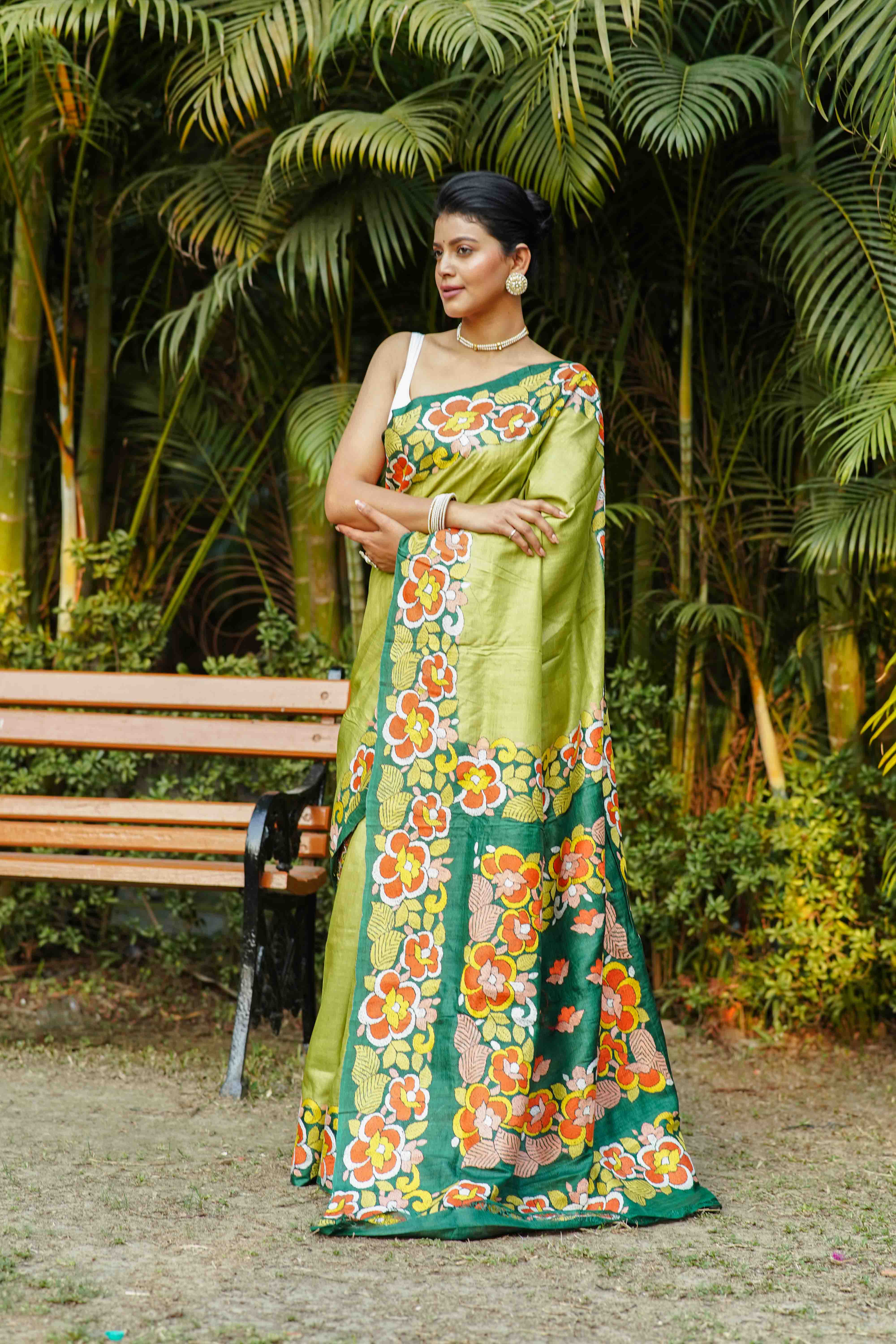 Bottle Green & Pista Tussar Kantha Saree With Blouse Piece