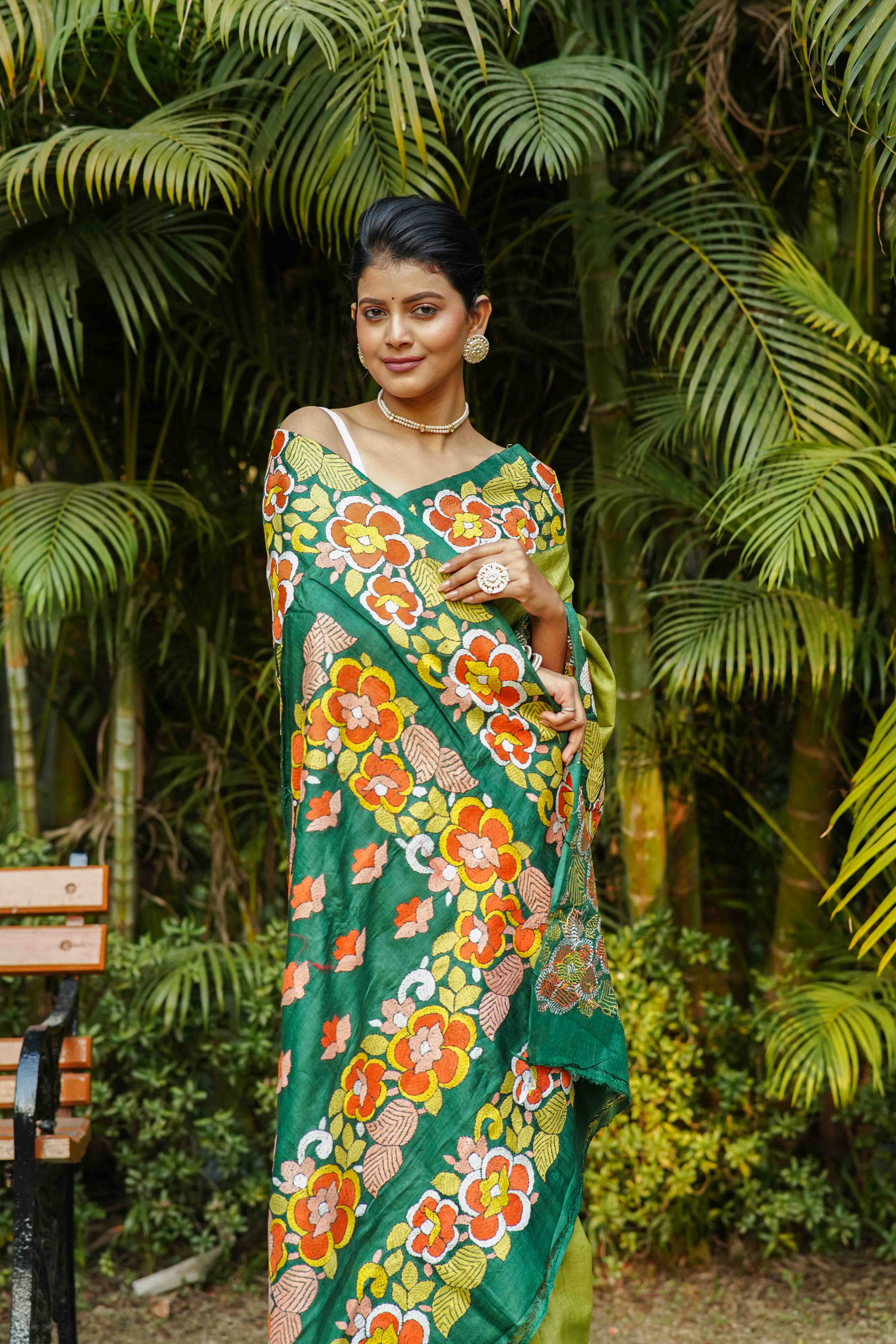 Bottle Green & Pista Tussar Kantha Saree With Blouse Piece