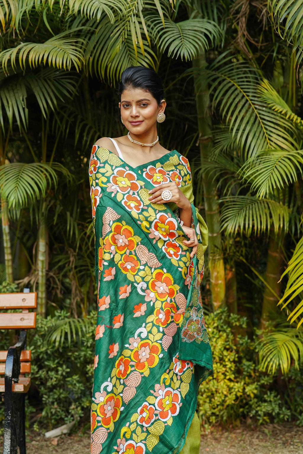 Bottle Green & Pista Tussar Kantha Saree With Blouse Piece